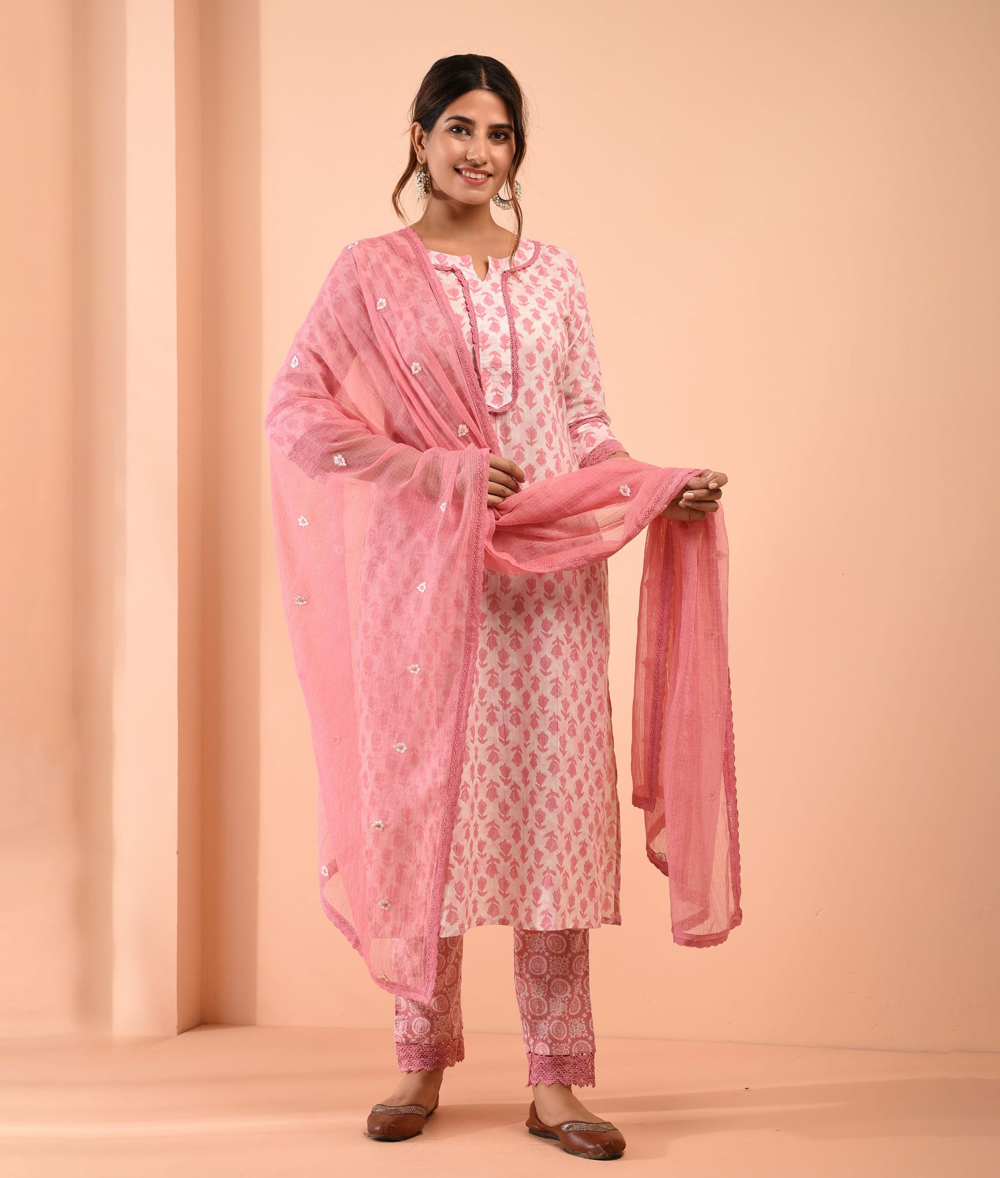 White Pink Hand Block Cotton Kurta Pant Embroidered Kota Doria