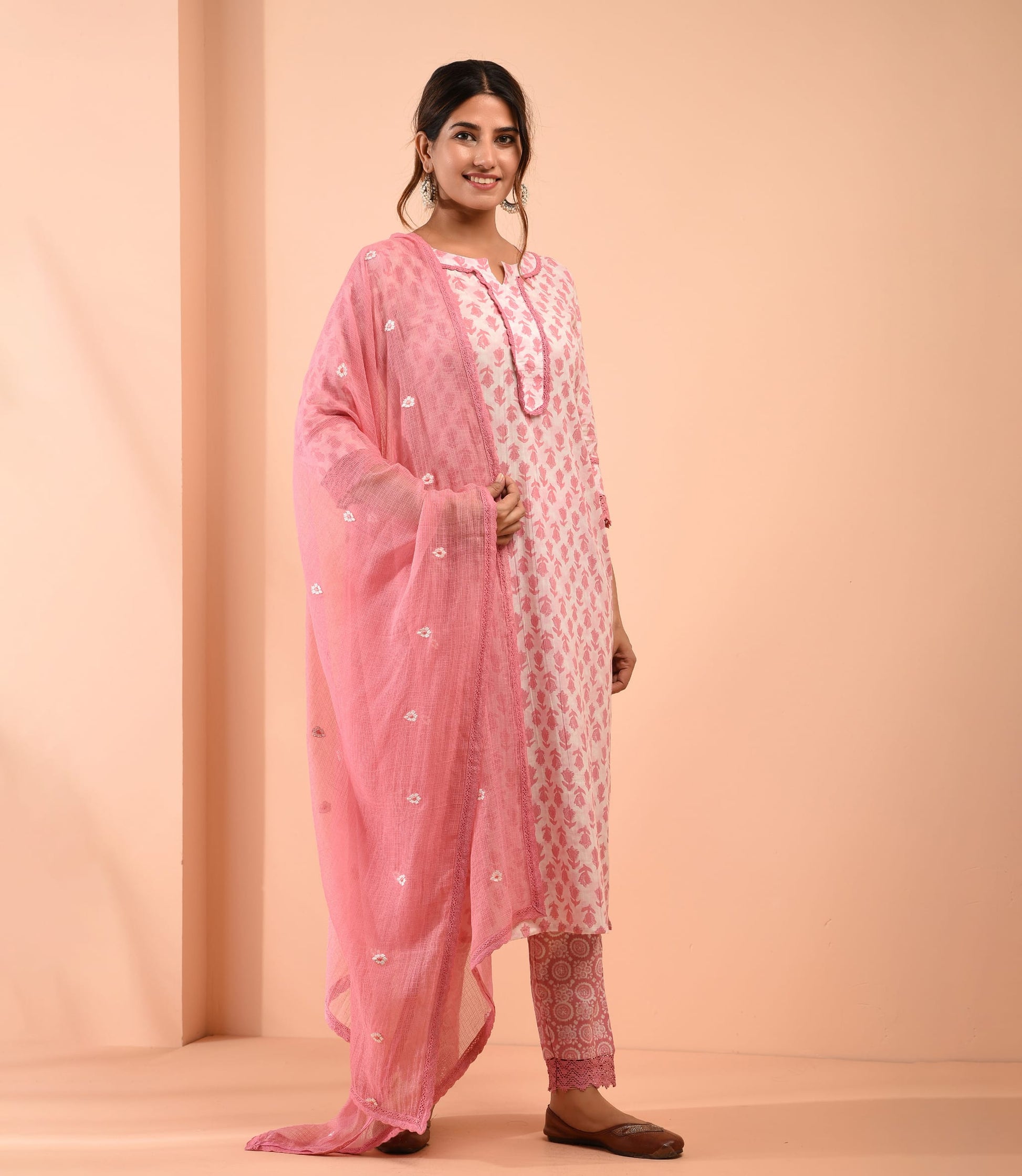 White Pink Hand Block Cotton Kurta Pant Embroidered Kota Doria
