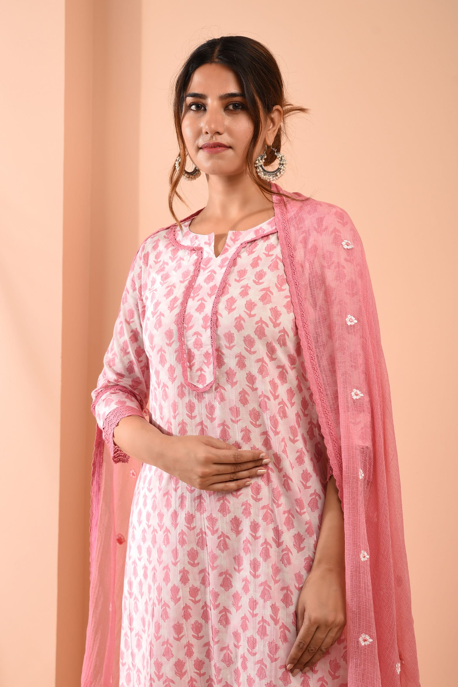 White Pink Hand Block Cotton Kurta Pant Embroidered Kota Doria