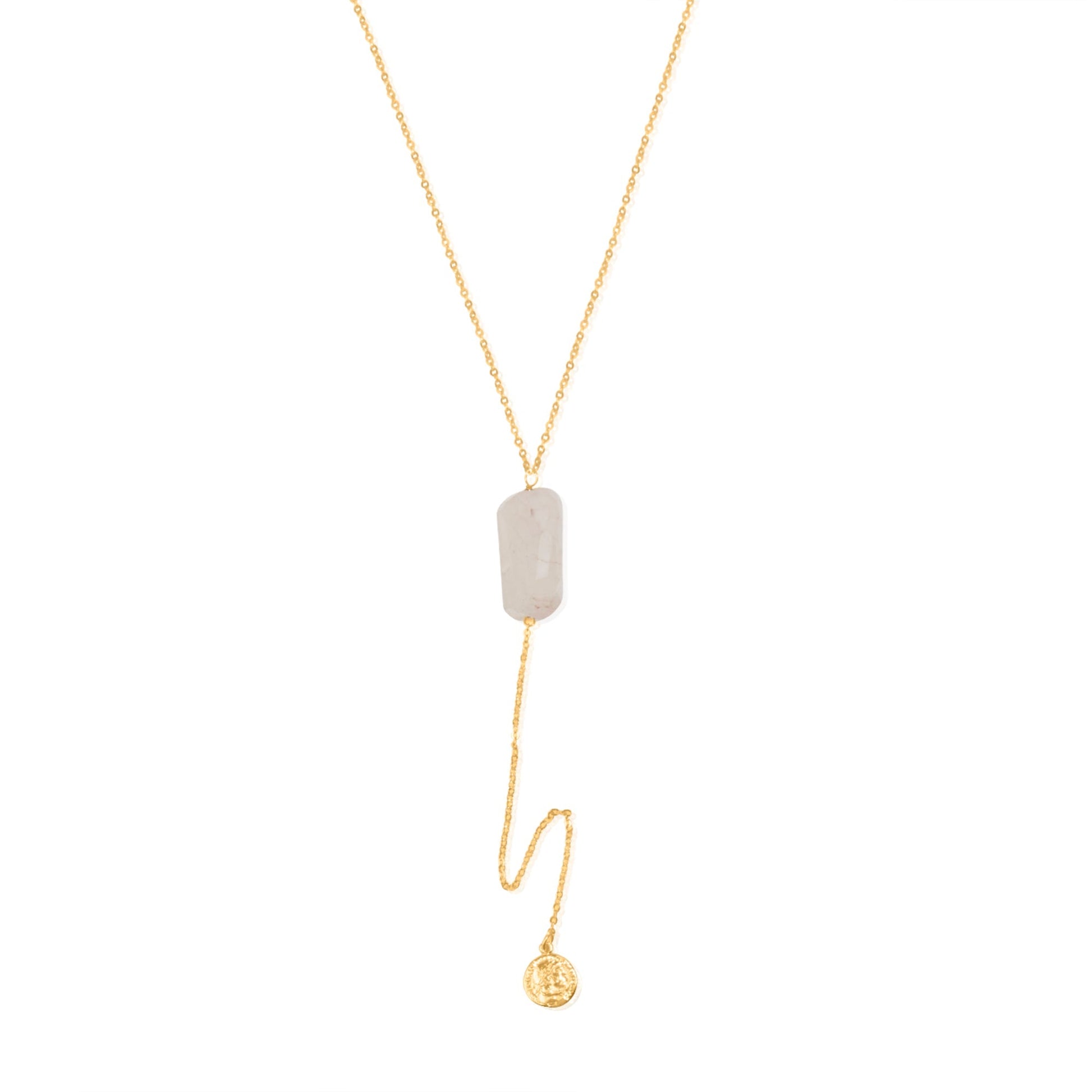 Rose Quartz Greek Coin Gold Necklace