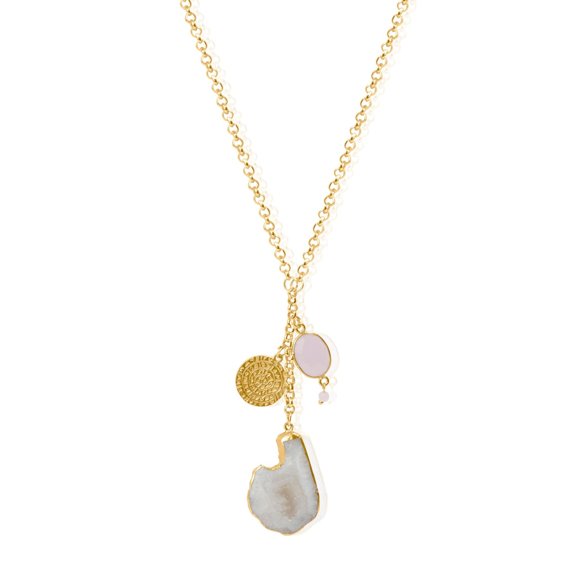 Rose Quartz White Agate Coin Necklace
