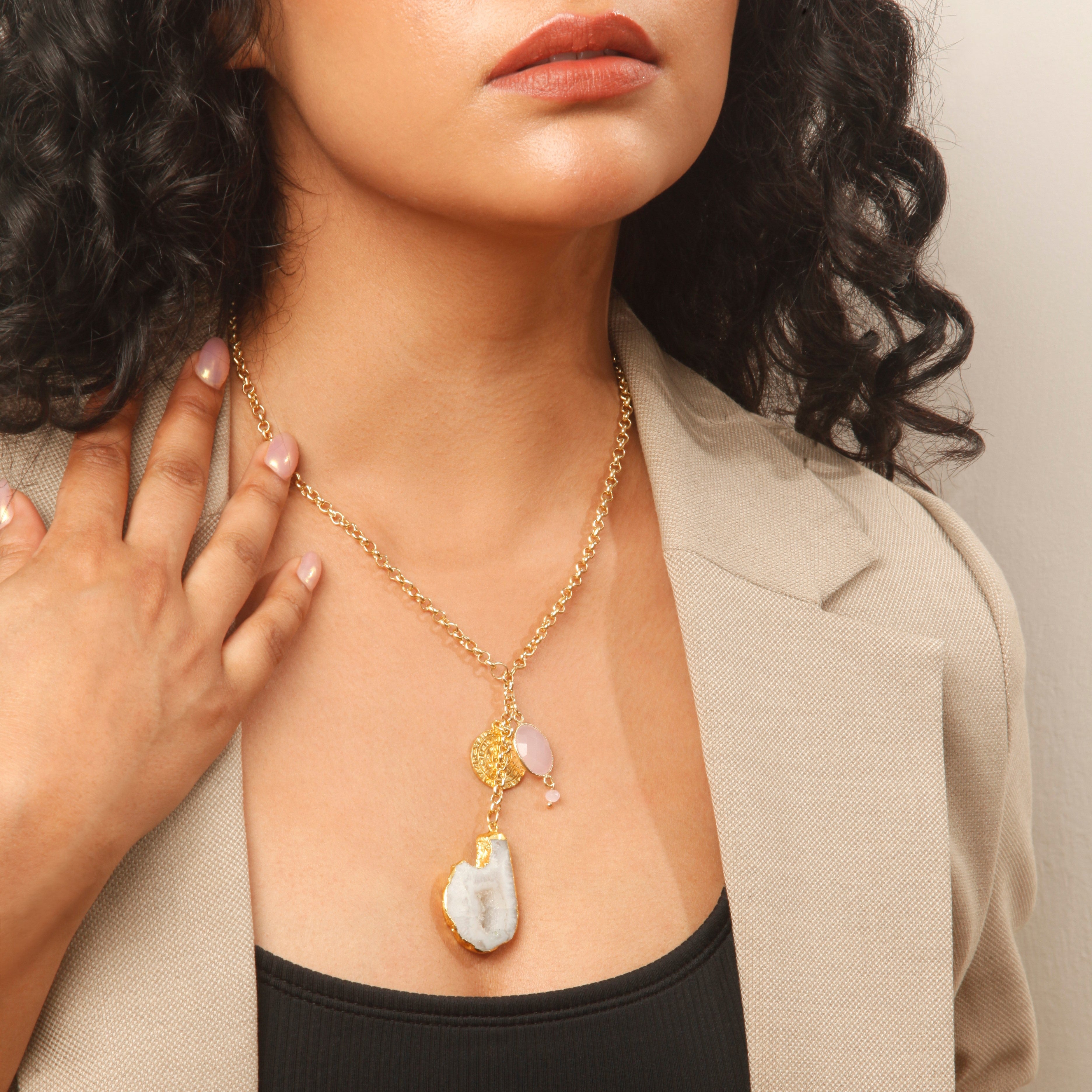 Rose Quartz White Agate Coin Necklace