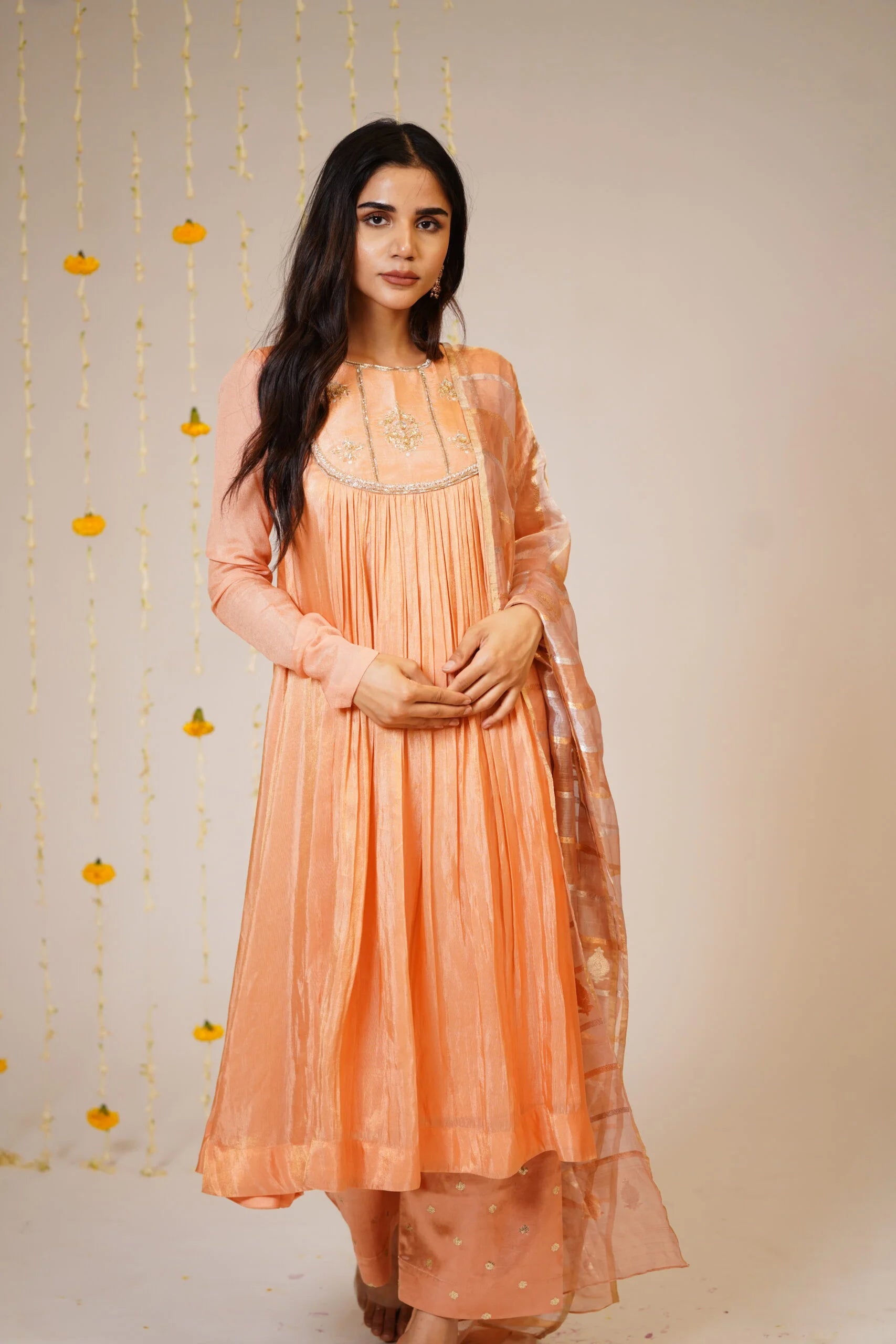 Mandhaara Aboli Peach Soft Tissue Anarkali Kurta Set with Embroidery - Festive Anarkali