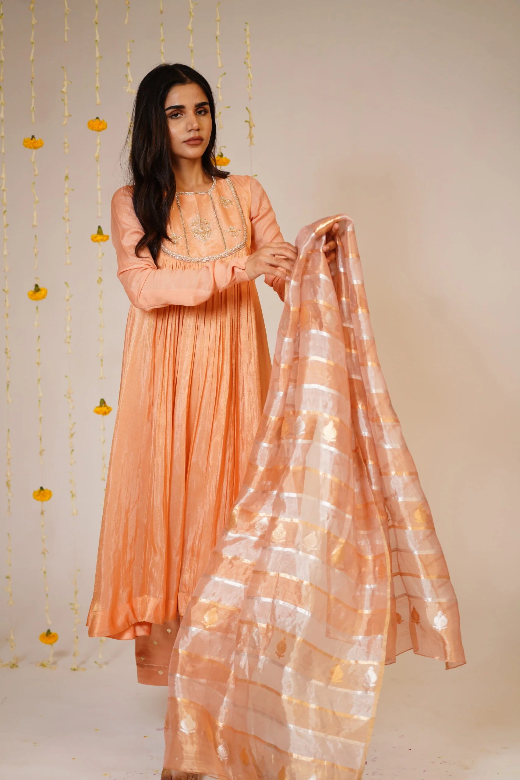 Mandhaara Aboli Peach Soft Tissue Anarkali Kurta Set with Embroidery - Festive Anarkali
