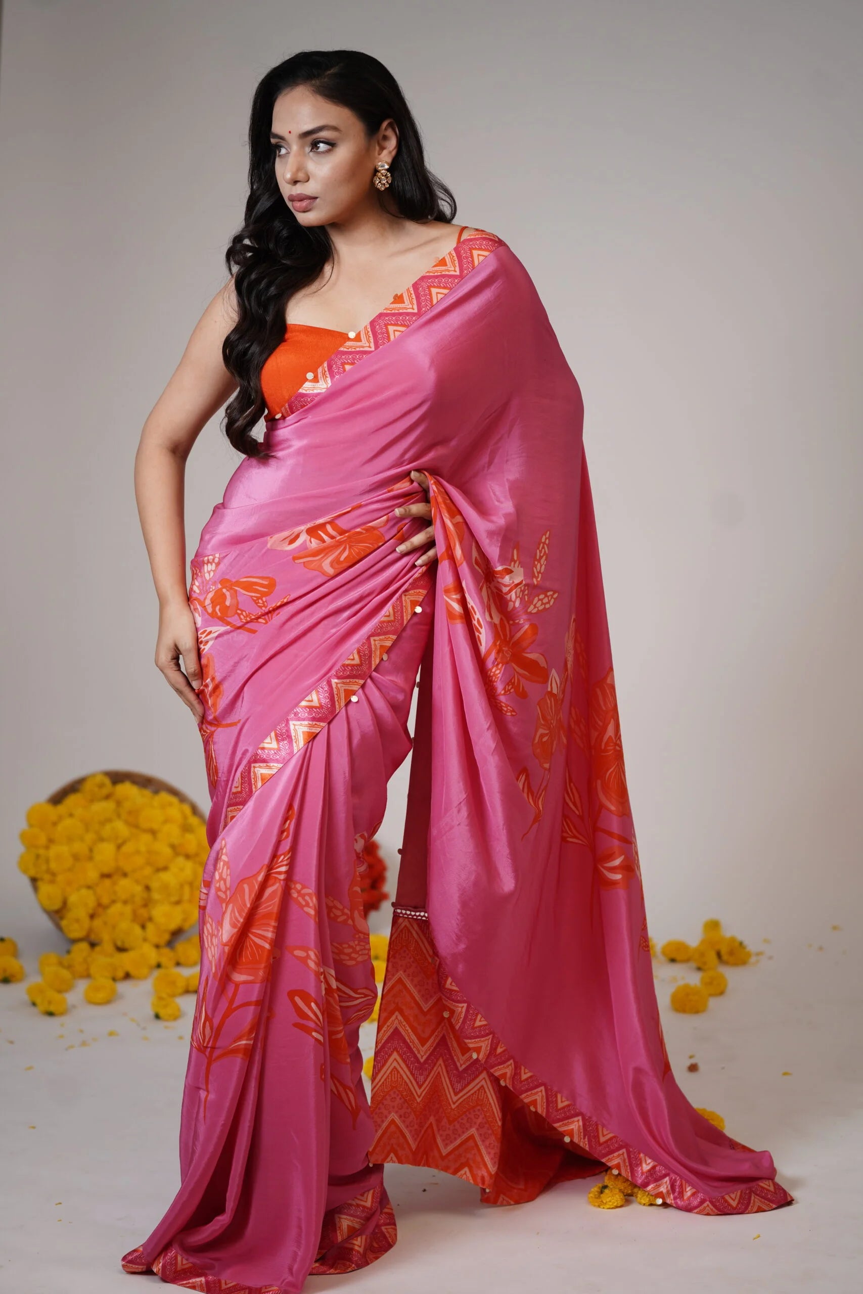 Mandhaara Moonga Pink & Orange Floral Crepe Saree with Zigzag Border - Festive Saree