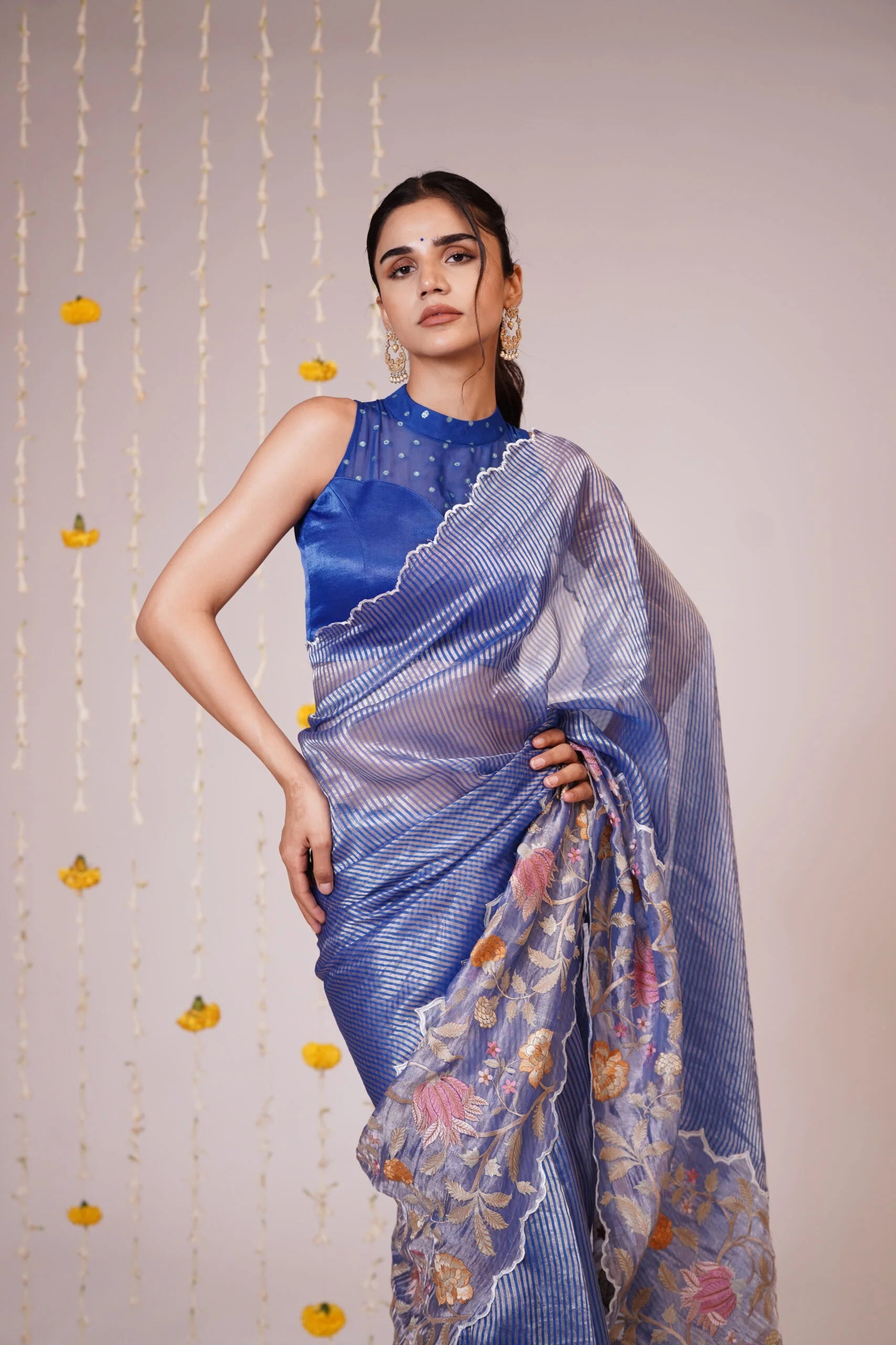 Mandhaara Neel Deep Blue Floral Embroidered Tissue Saree - Festive Saree