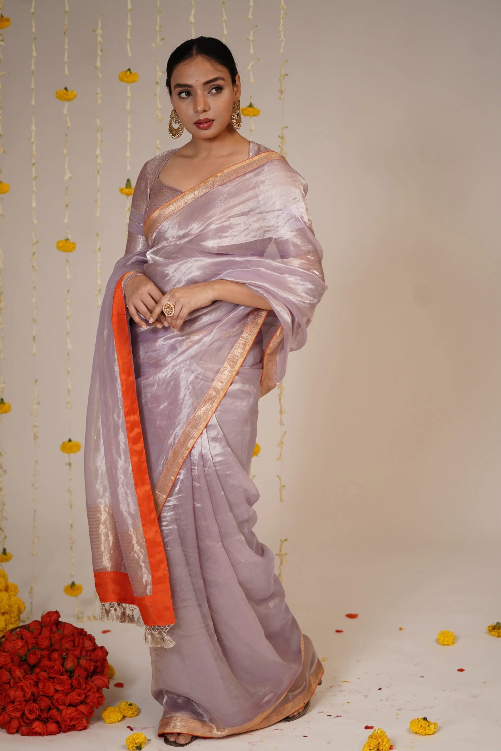 Mandhaara Raupya Ushna Purple & Orange Border Tissue Saree - Festive Saree