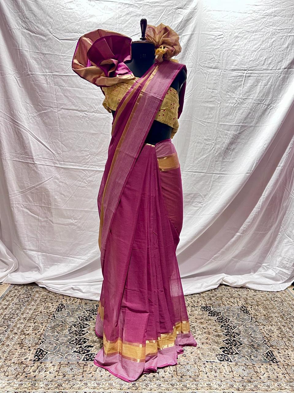 Purple Narayanavanam Cotton Saree Mustard Yellow Trim Border