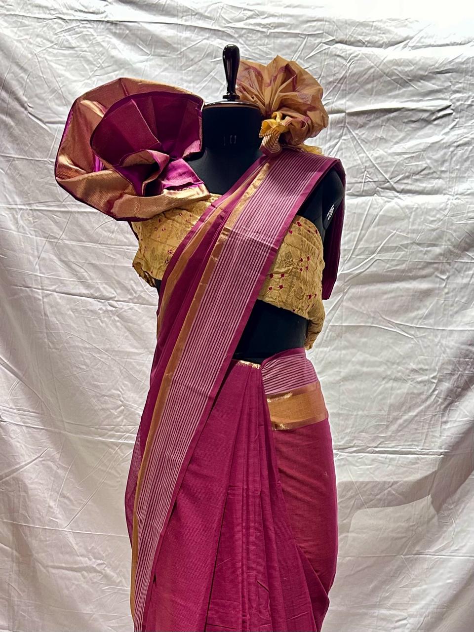 Purple Narayanavanam Cotton Saree Mustard Yellow Trim Border