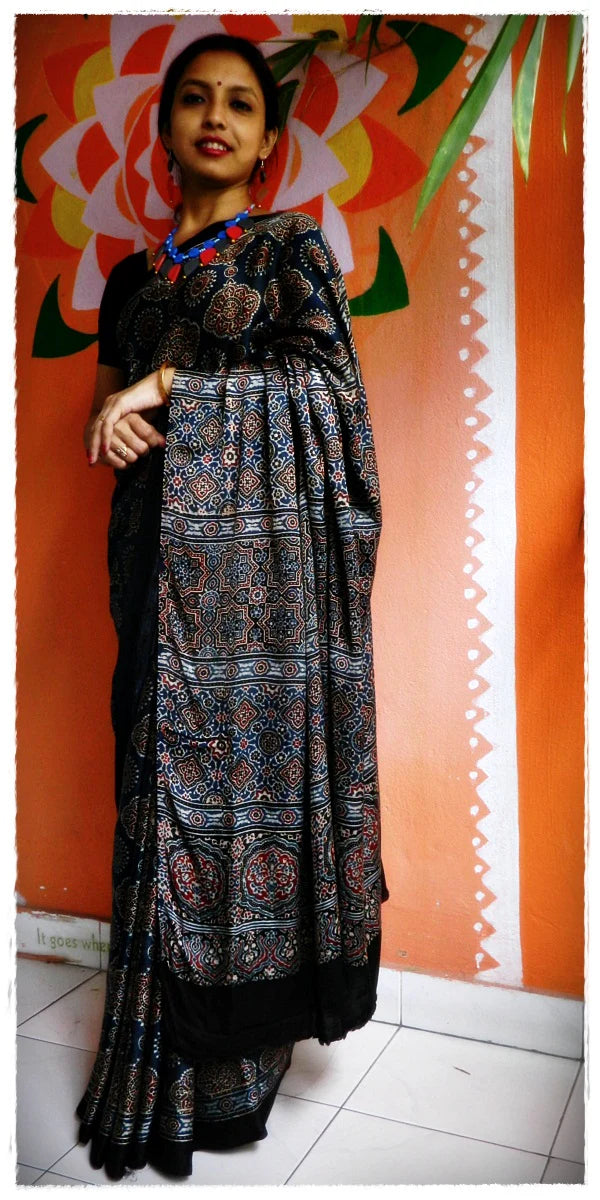 Indigo Blue Steel Grey Modal Silk Ajrakh Handblock Saree Nature Inspired