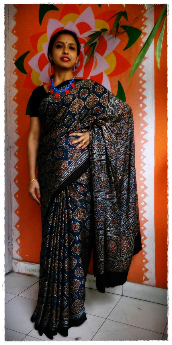 Indigo Blue Steel Grey Modal Silk Ajrakh Handblock Saree Nature Inspired