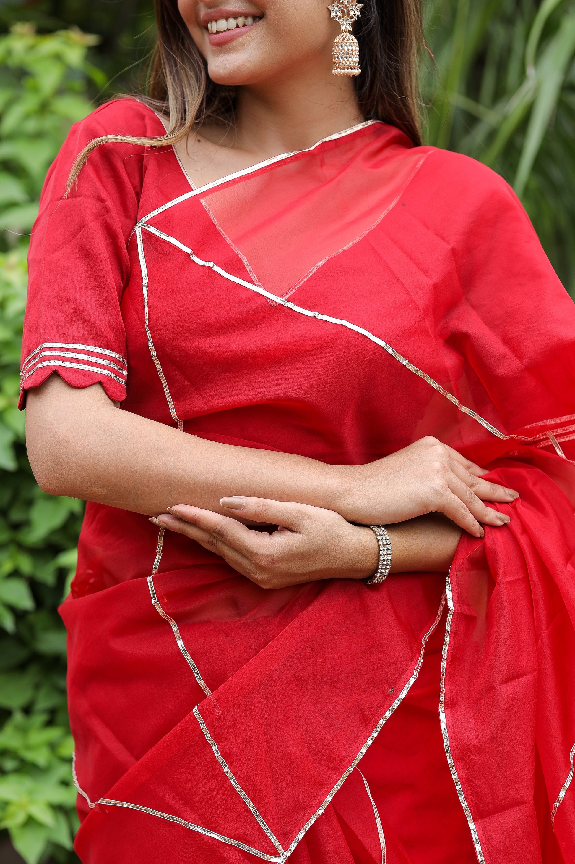 Alluring Cherry Red Organza Saree Gota Lace Geometric