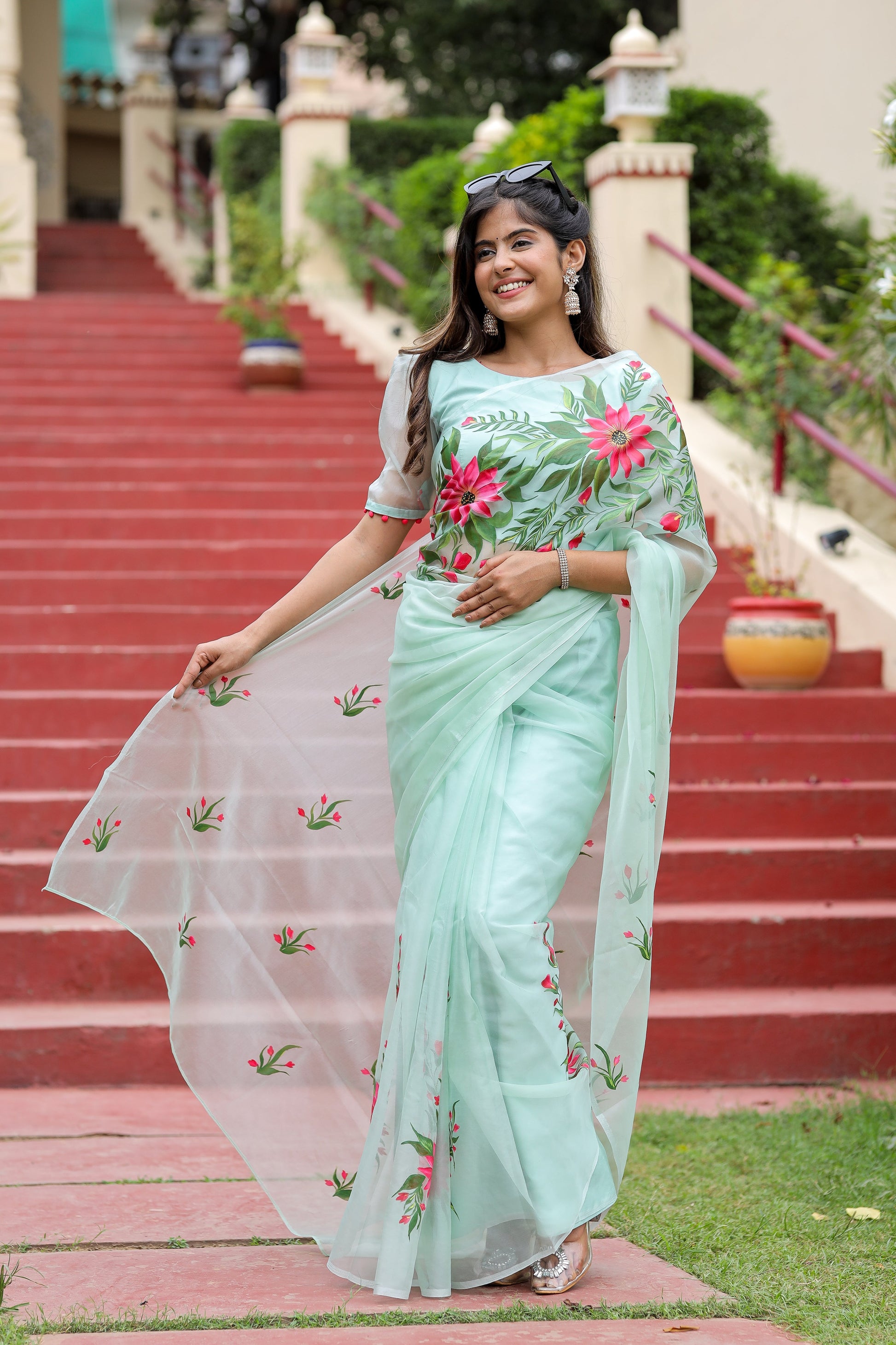 Ethereal Pastel Green Organza Handpainted Saree Floral