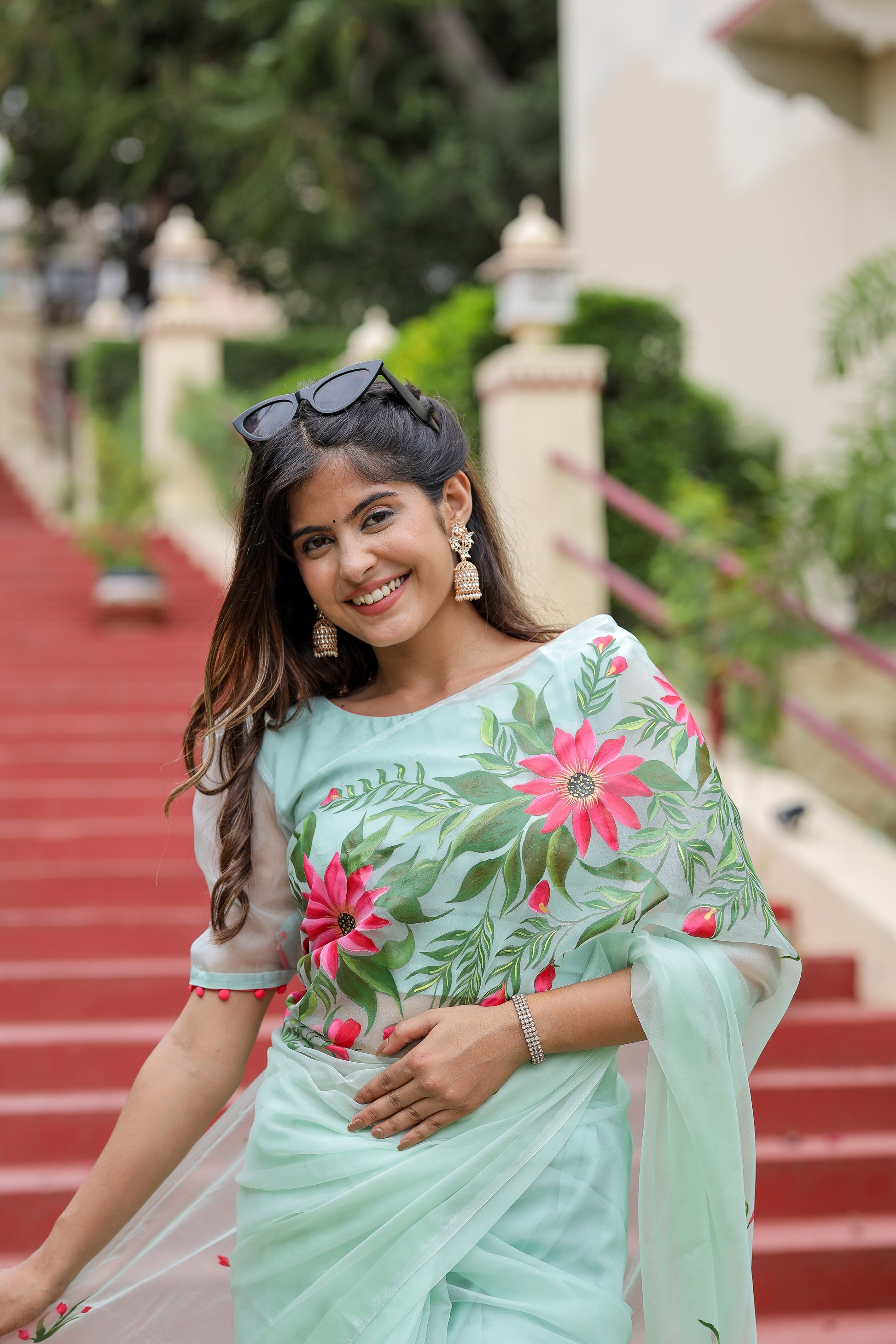Ethereal Pastel Green Organza Handpainted Saree Floral