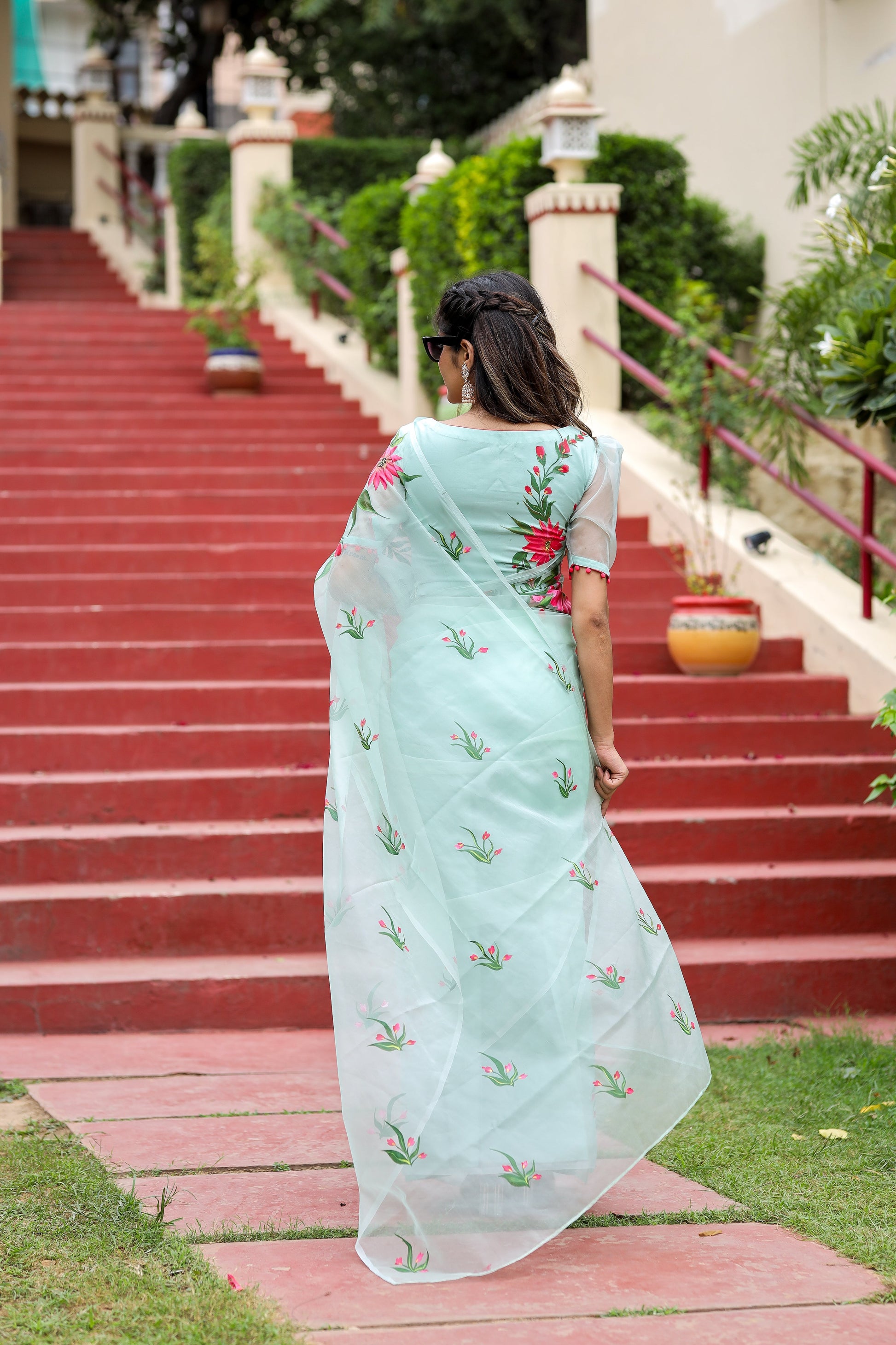 Ethereal Pastel Green Organza Handpainted Saree Floral