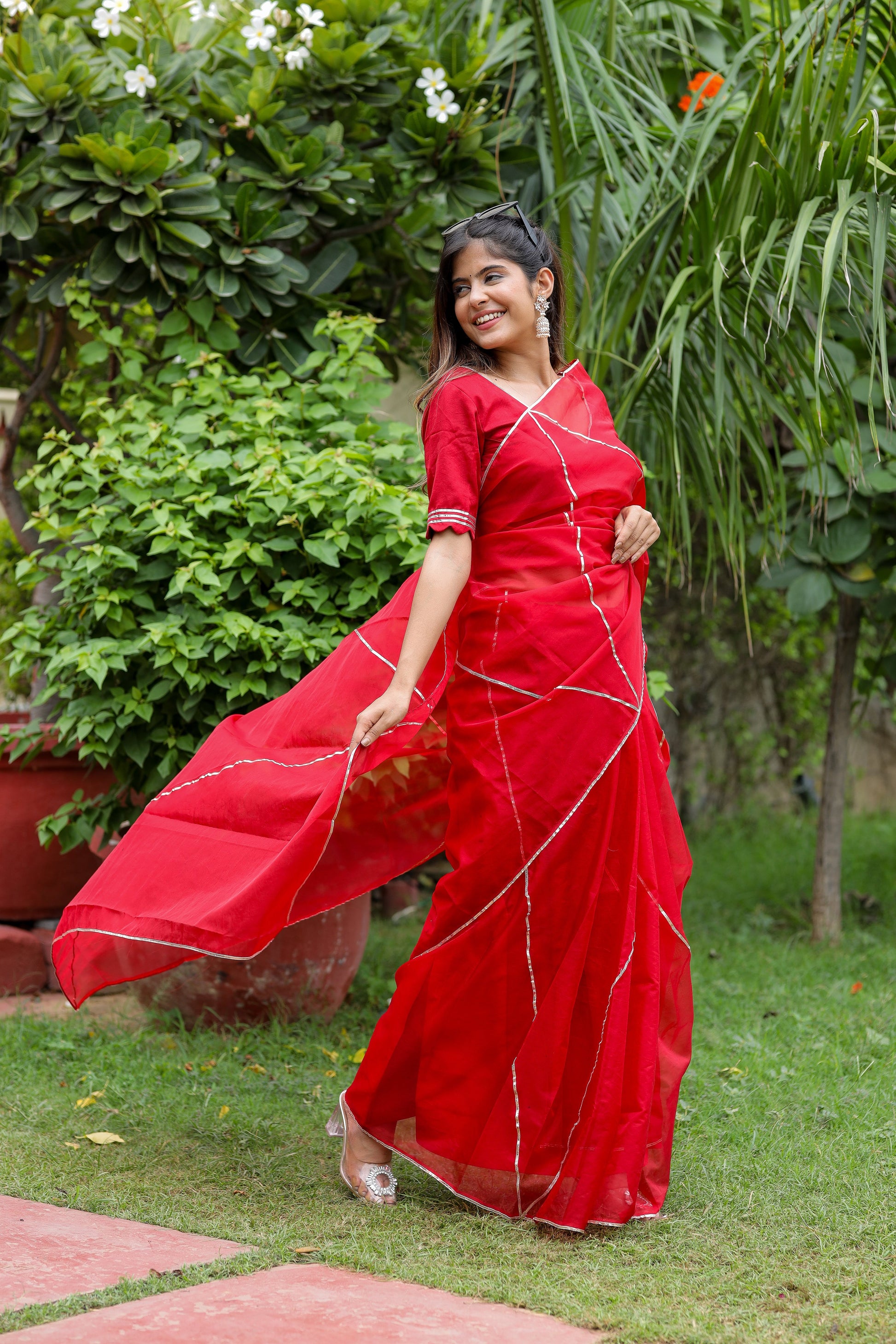 Alluring Cherry Red Organza Saree Gota Lace Geometric