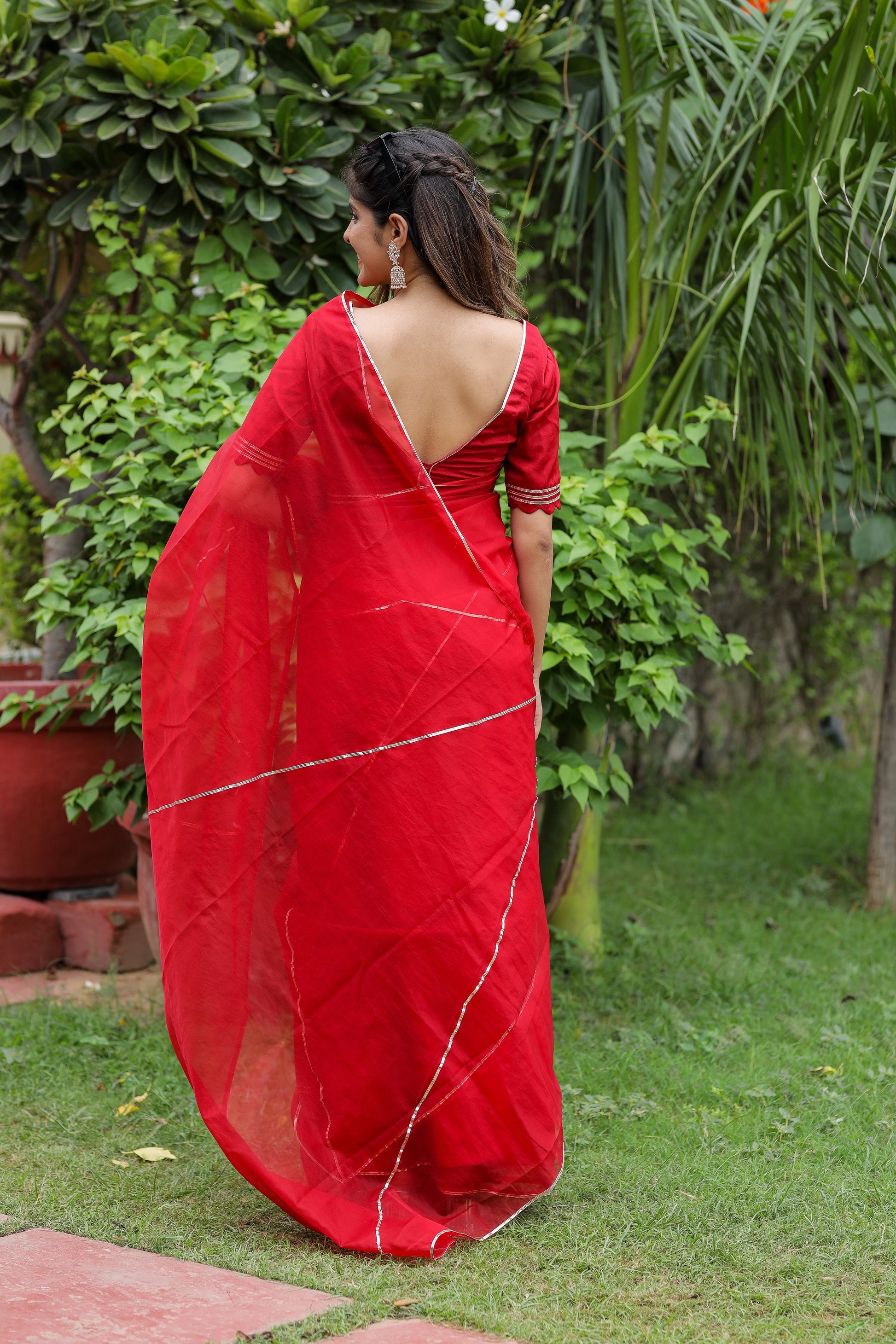 Alluring Cherry Red Organza Saree Gota Lace Geometric
