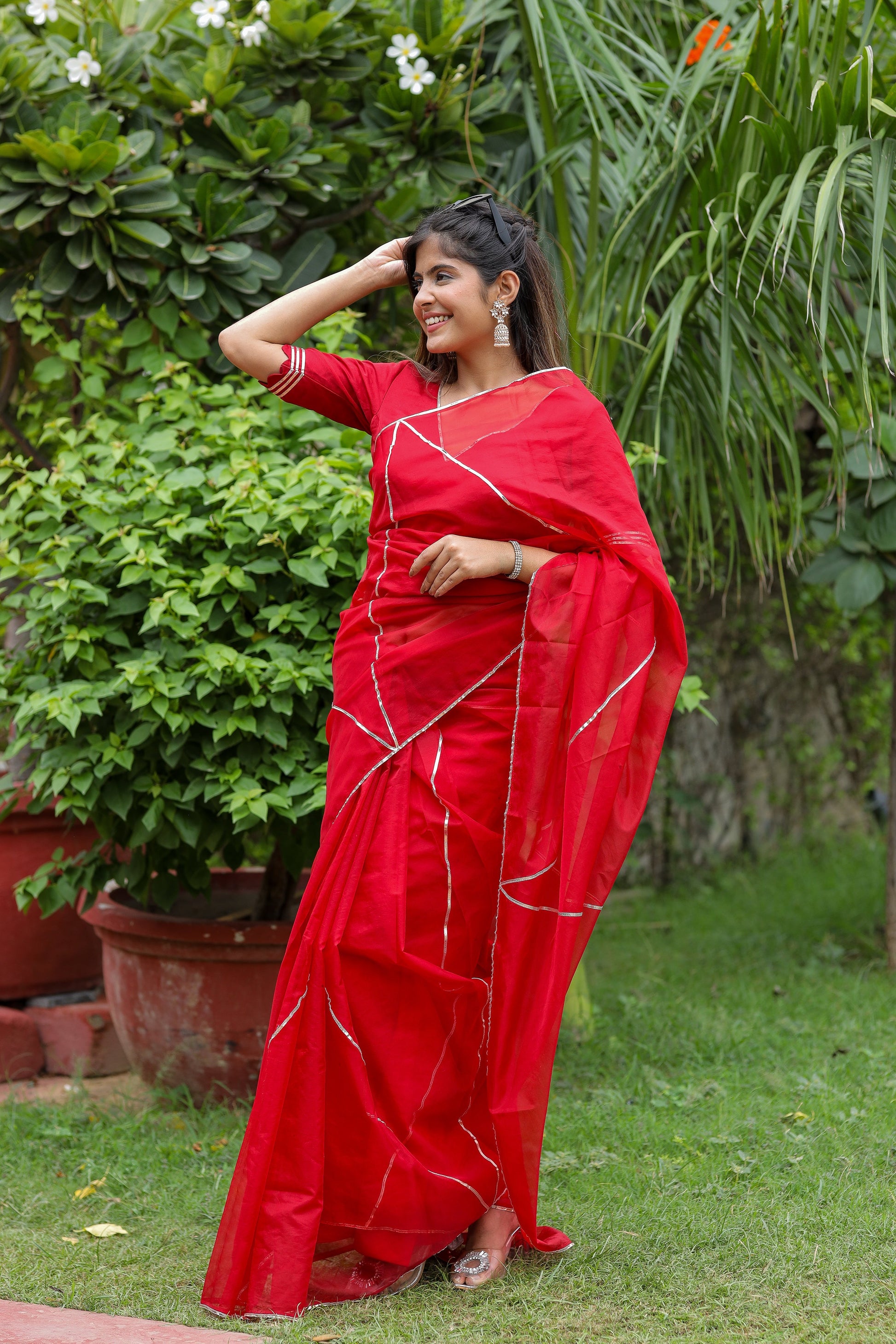 Alluring Cherry Red Organza Saree Gota Lace Geometric