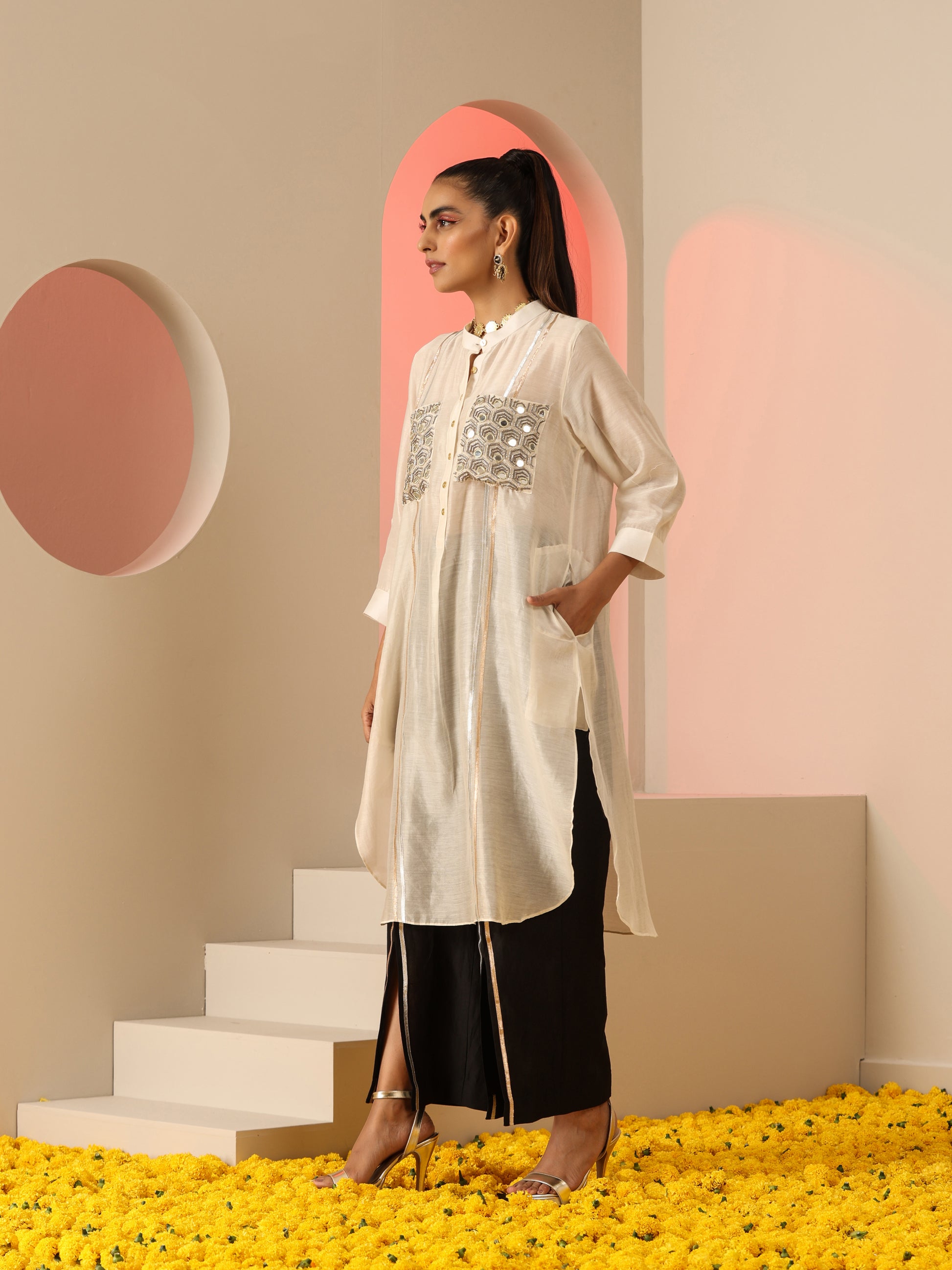 Ivory Black Cotton Silk Mirror Gota Oversized Kurta Pants Set
