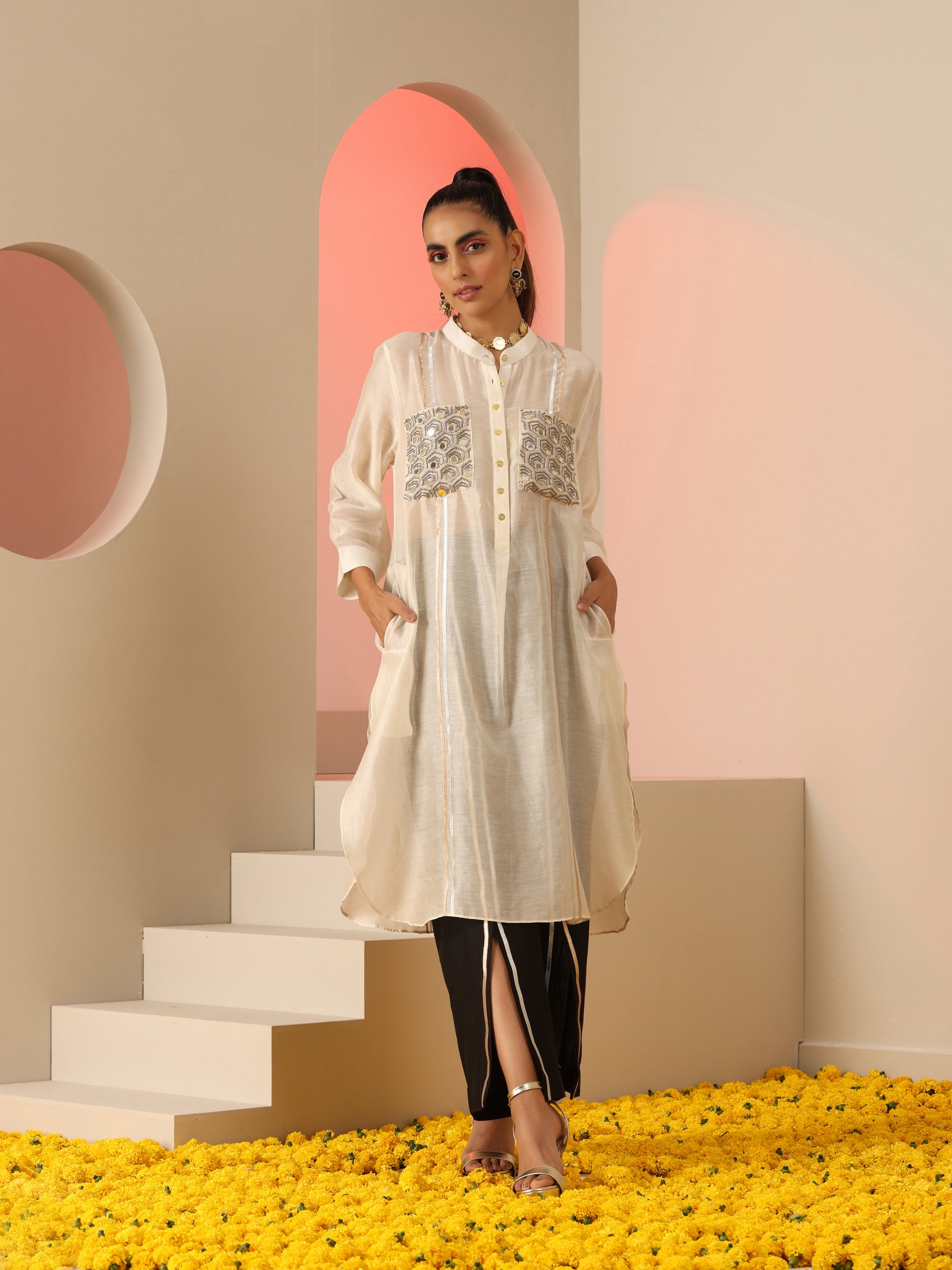 Ivory Black Cotton Silk Mirror Gota Oversized Kurta Pants Set