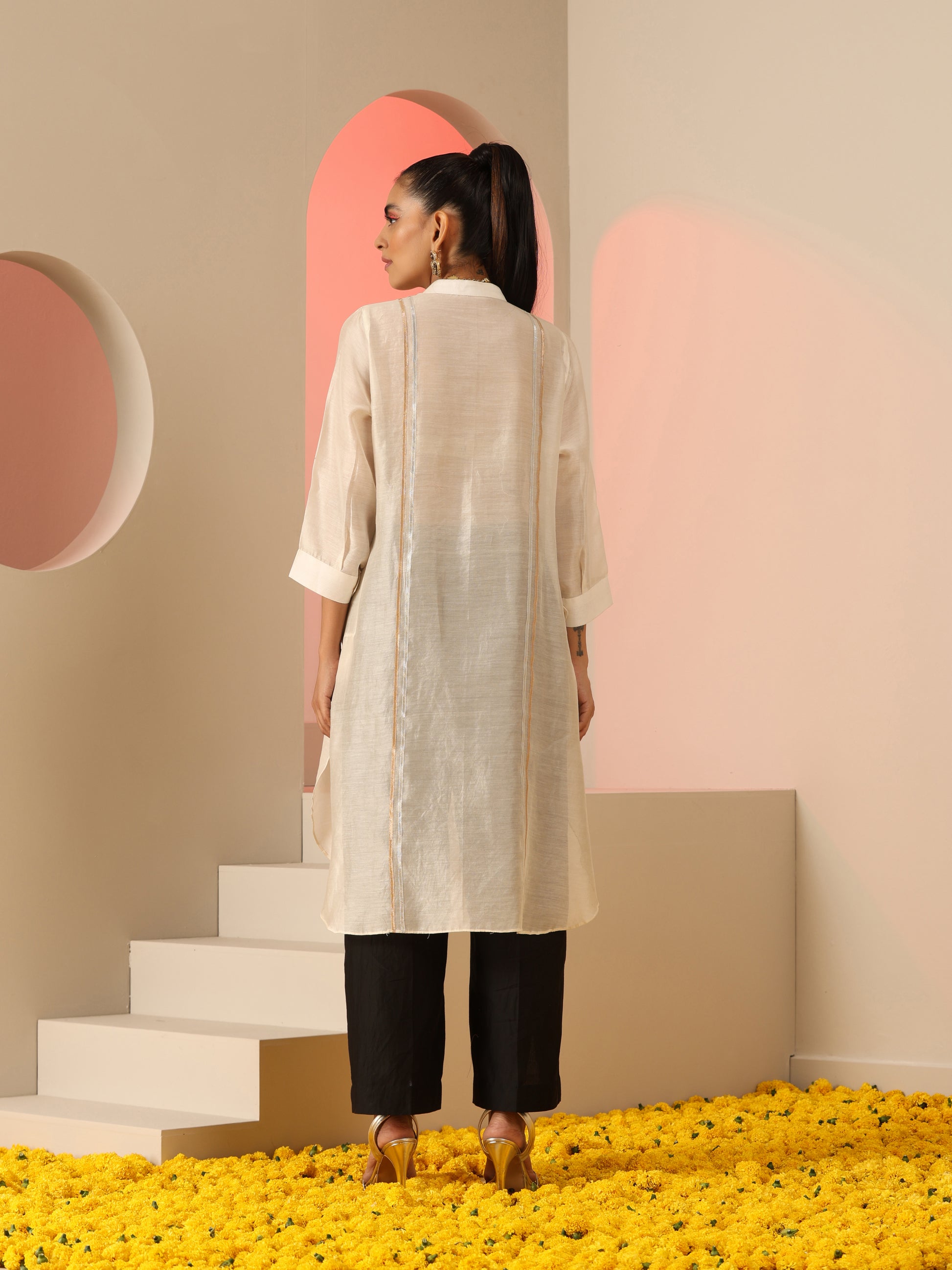 Ivory Black Cotton Silk Mirror Gota Oversized Kurta Pants Set