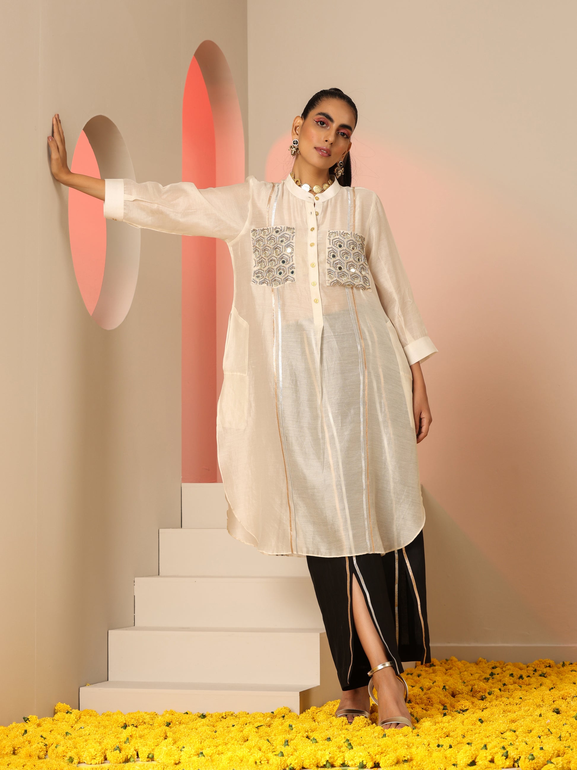 Ivory Black Cotton Silk Mirror Gota Oversized Kurta Pants Set