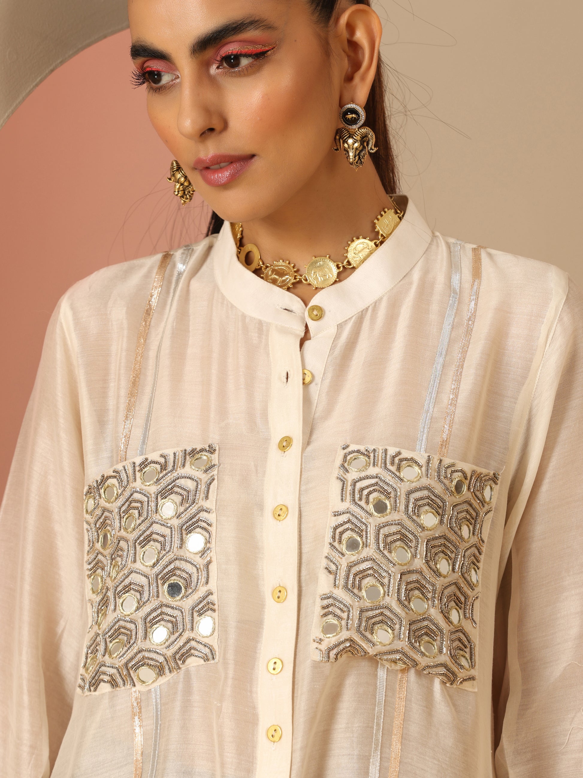 Ivory Black Cotton Silk Mirror Gota Oversized Kurta Pants Set