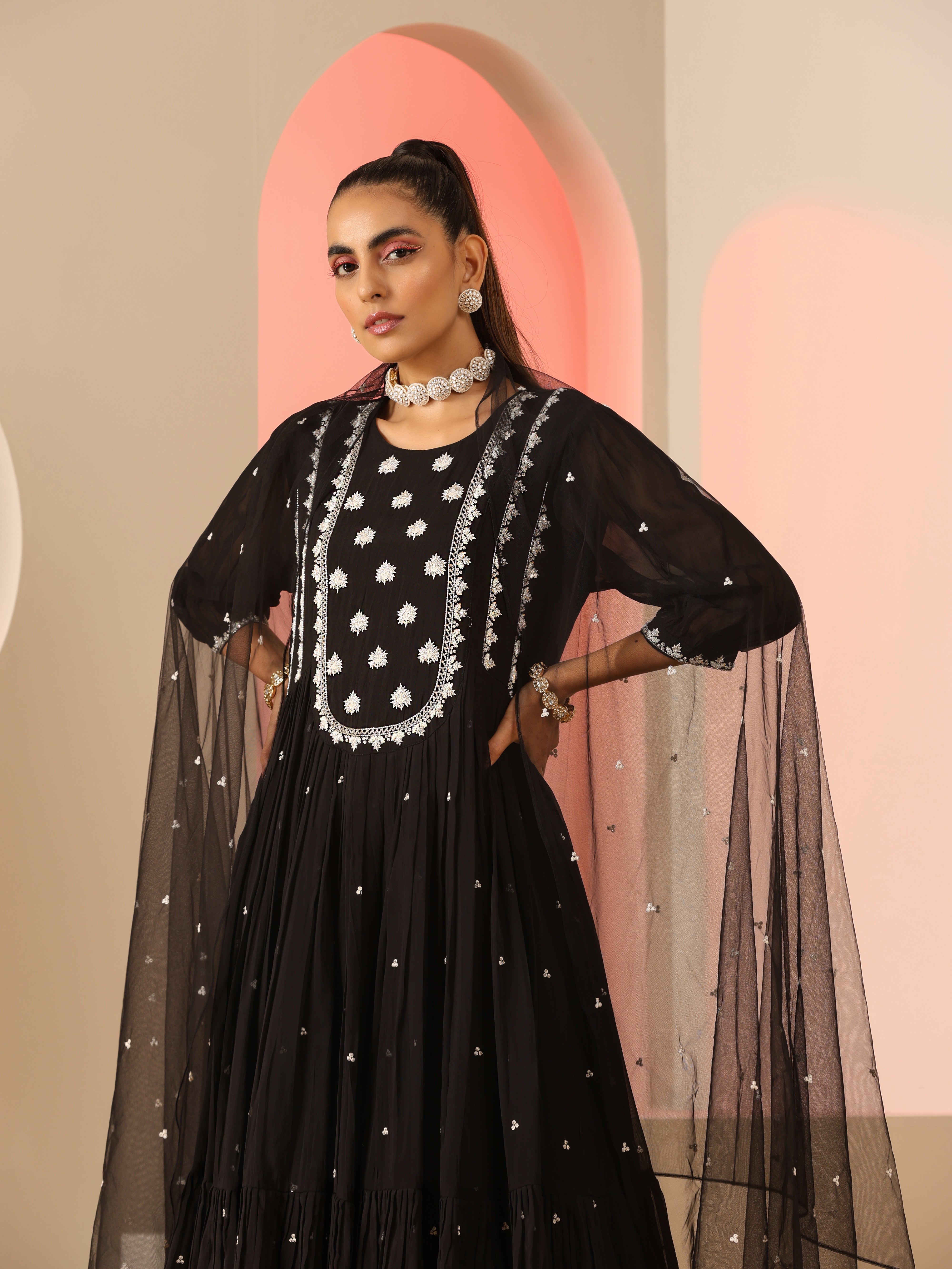 Black Viscose Organza Resham Beadwork Kalidar Kurta Pants Dupatta
