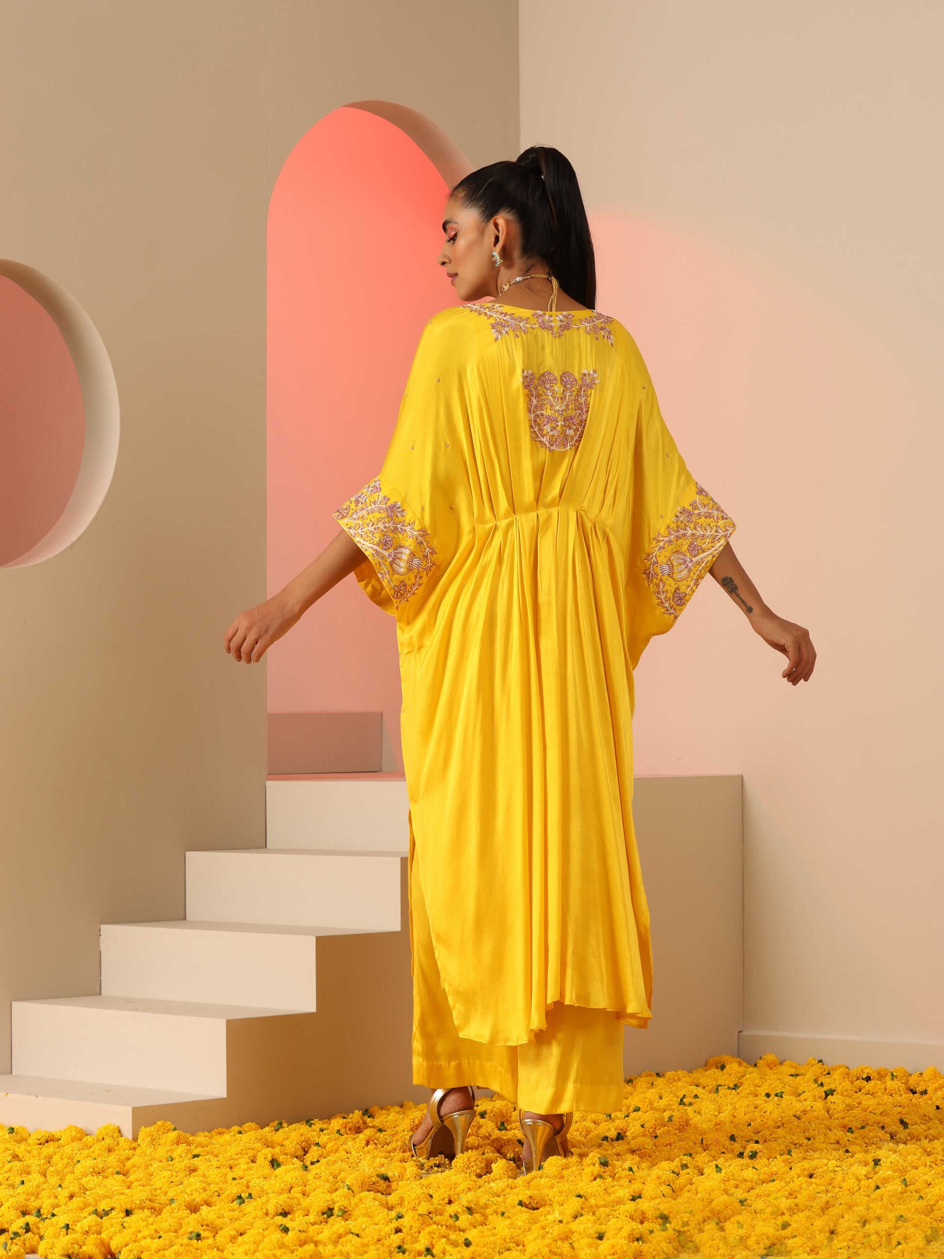 Yellow Pink Gold Gajji Silk Zardozi Kaftan Slotted Pants Set