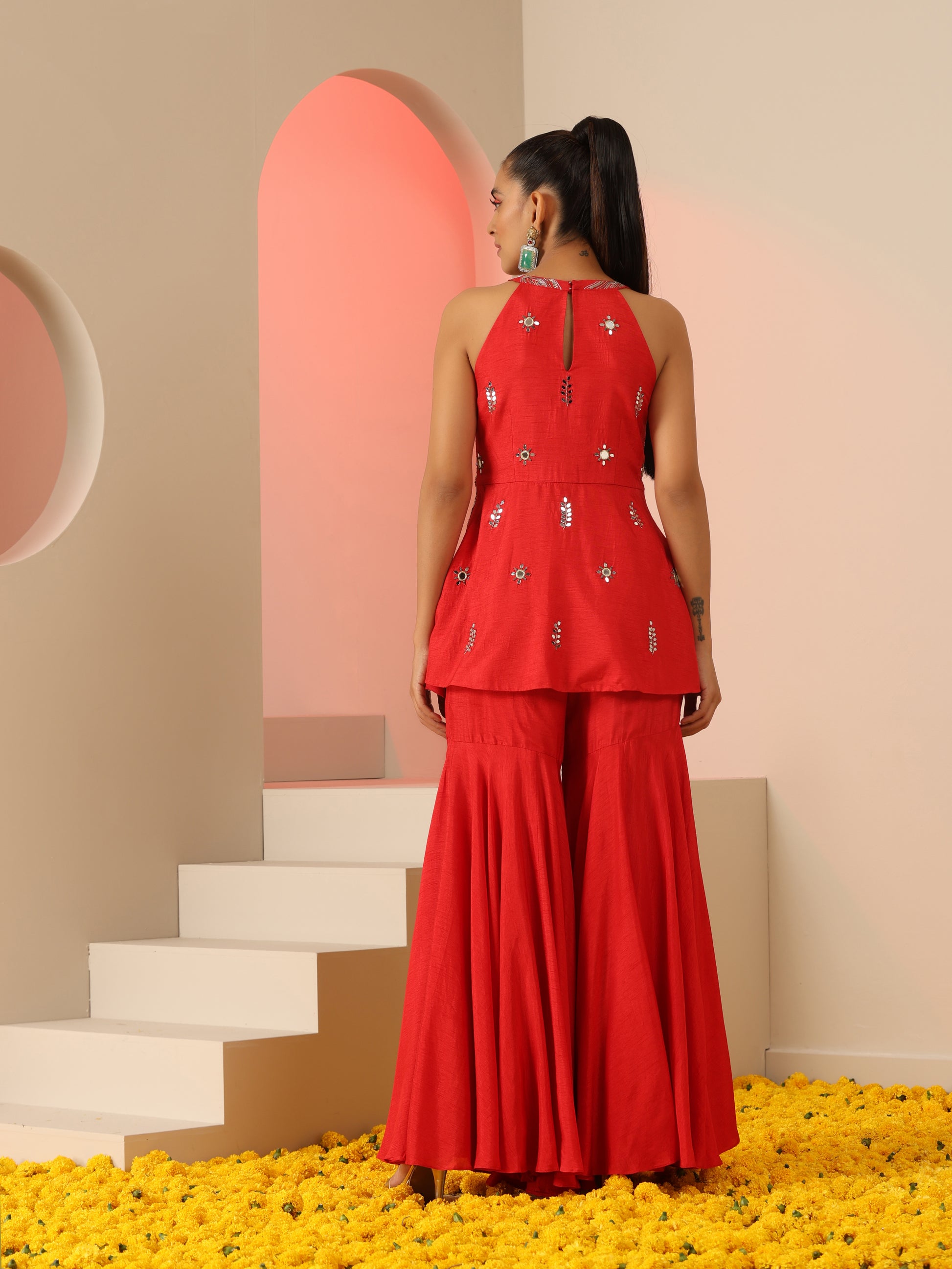 Red Dola Silk Zari Bead Mirror Work Sharara Set