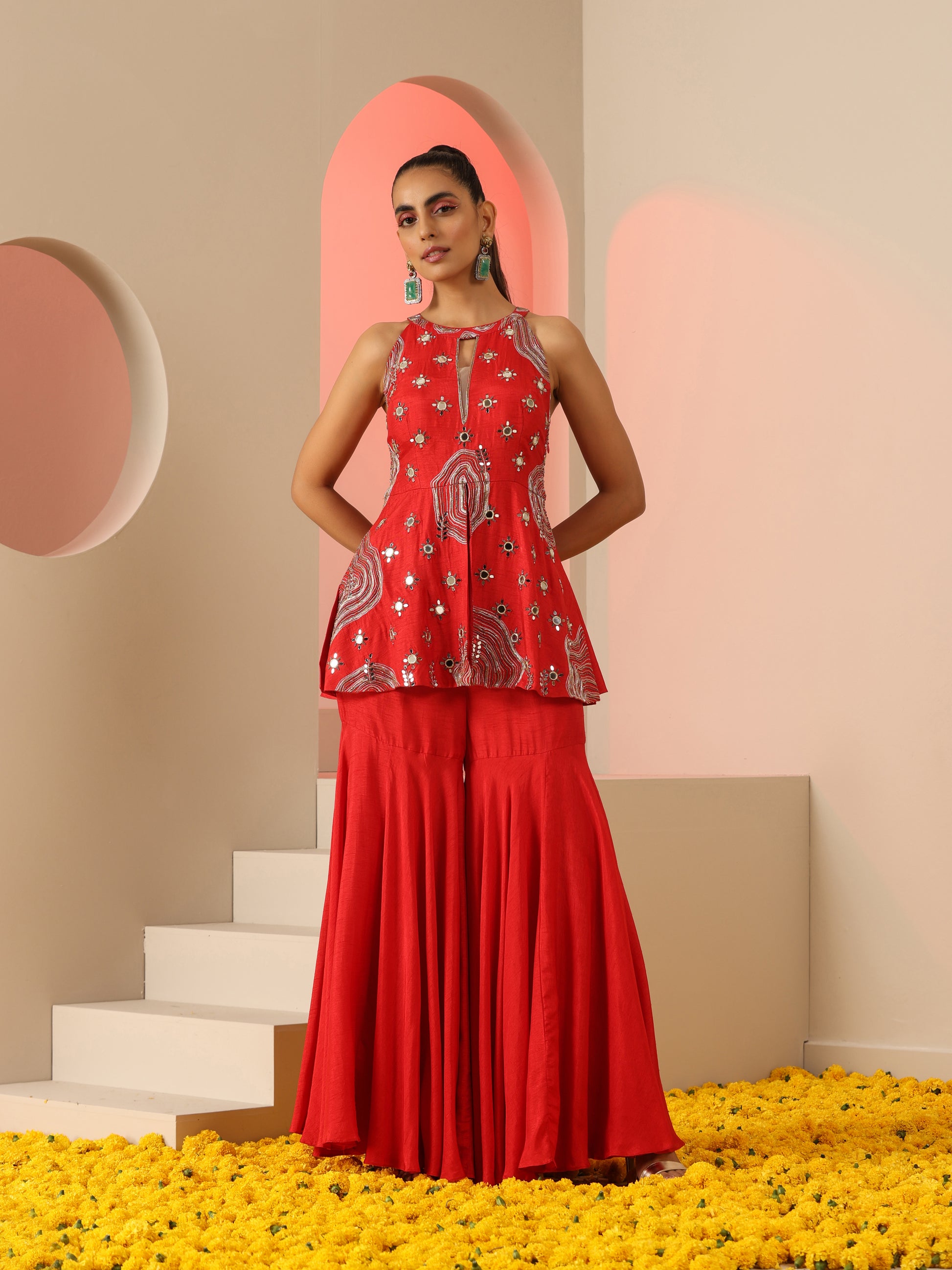 Red Dola Silk Zari Bead Mirror Work Sharara Set