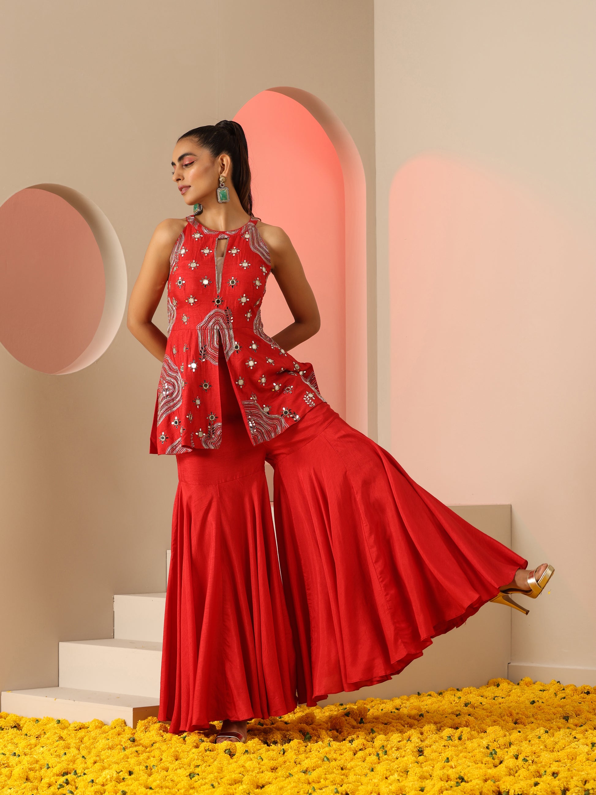 Red Dola Silk Zari Bead Mirror Work Sharara Set