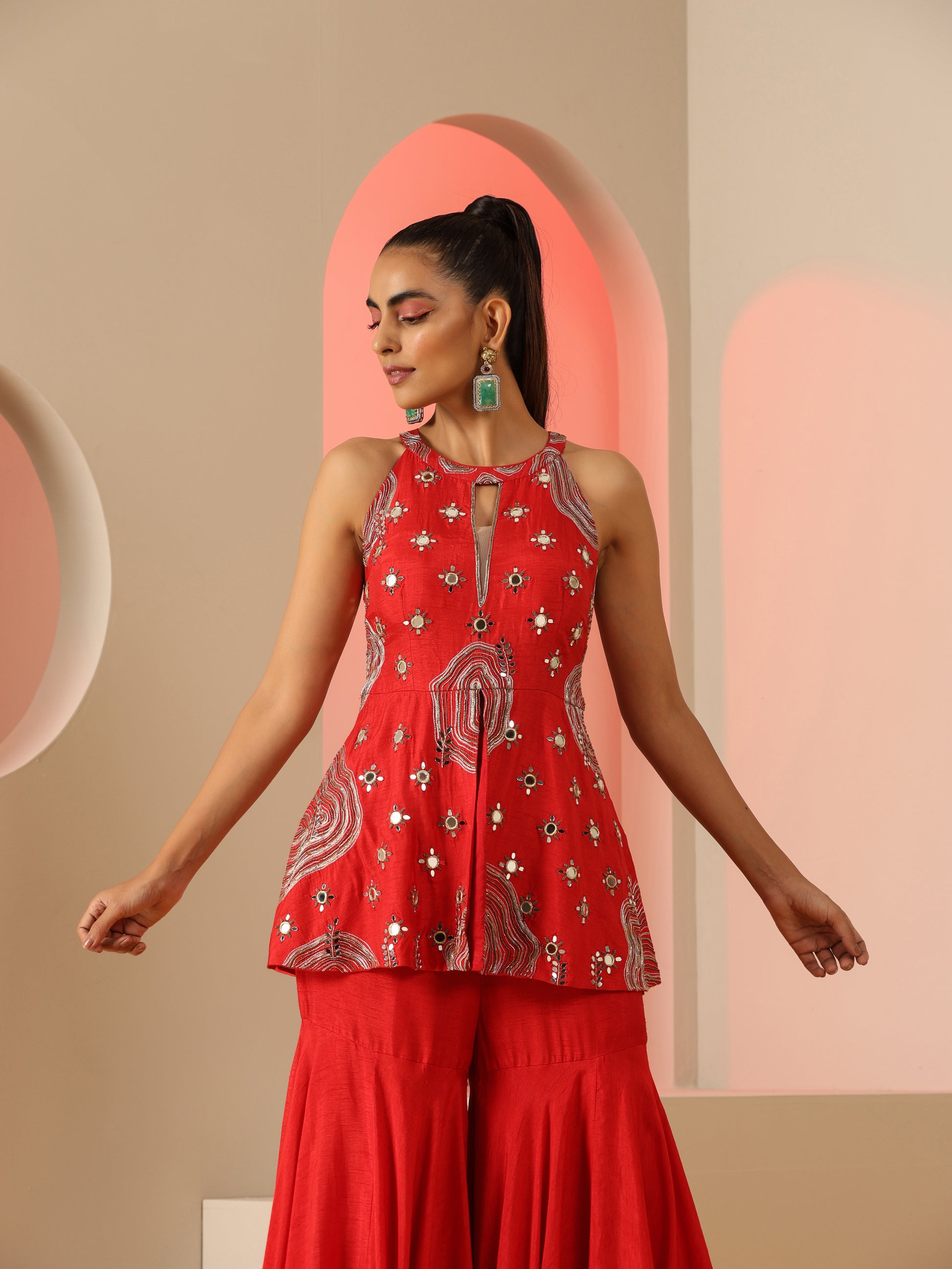 Red Dola Silk Zari Bead Mirror Work Sharara Set