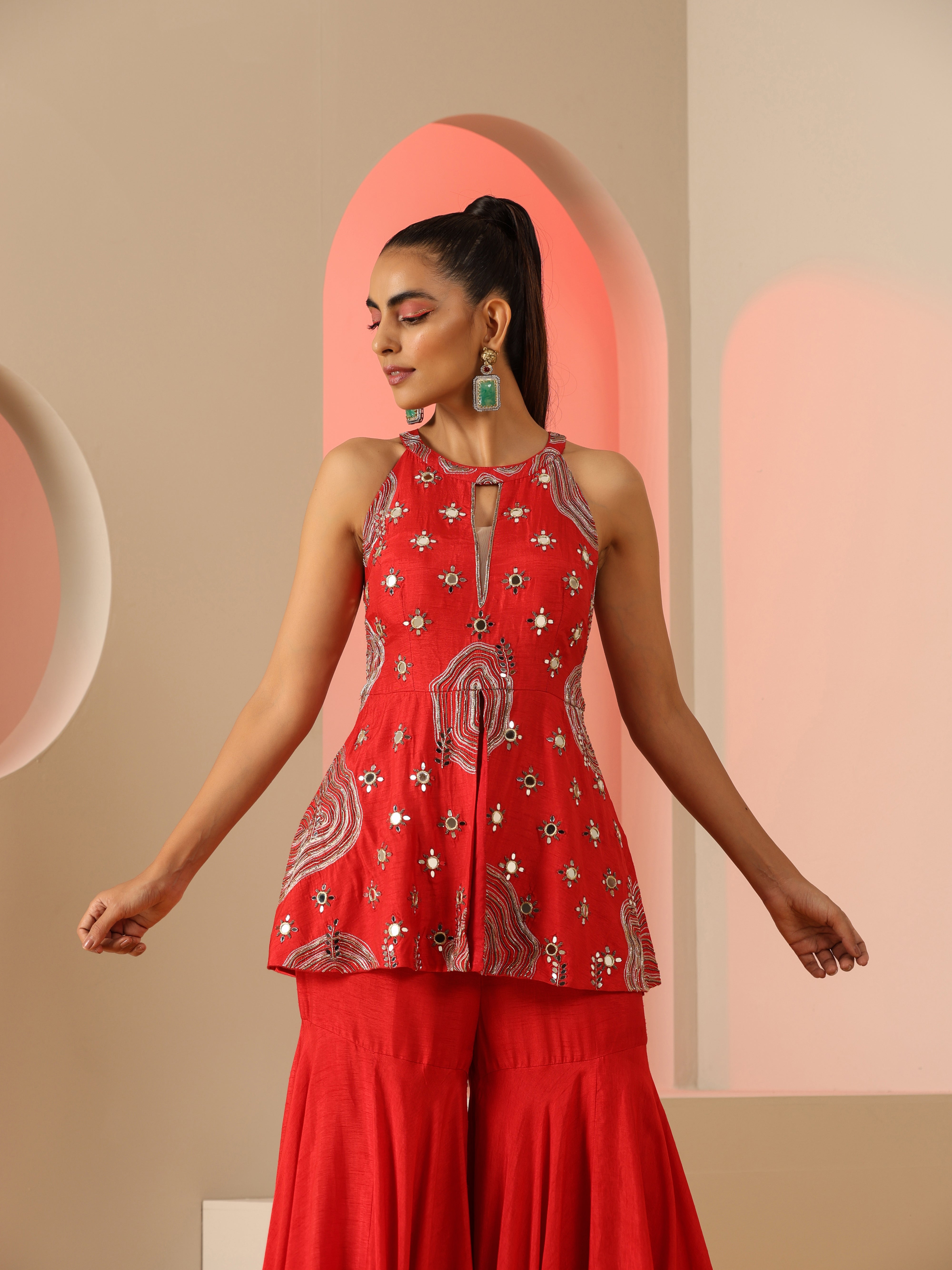 Red Dola Silk Zari Bead Mirror Work Sharara Set