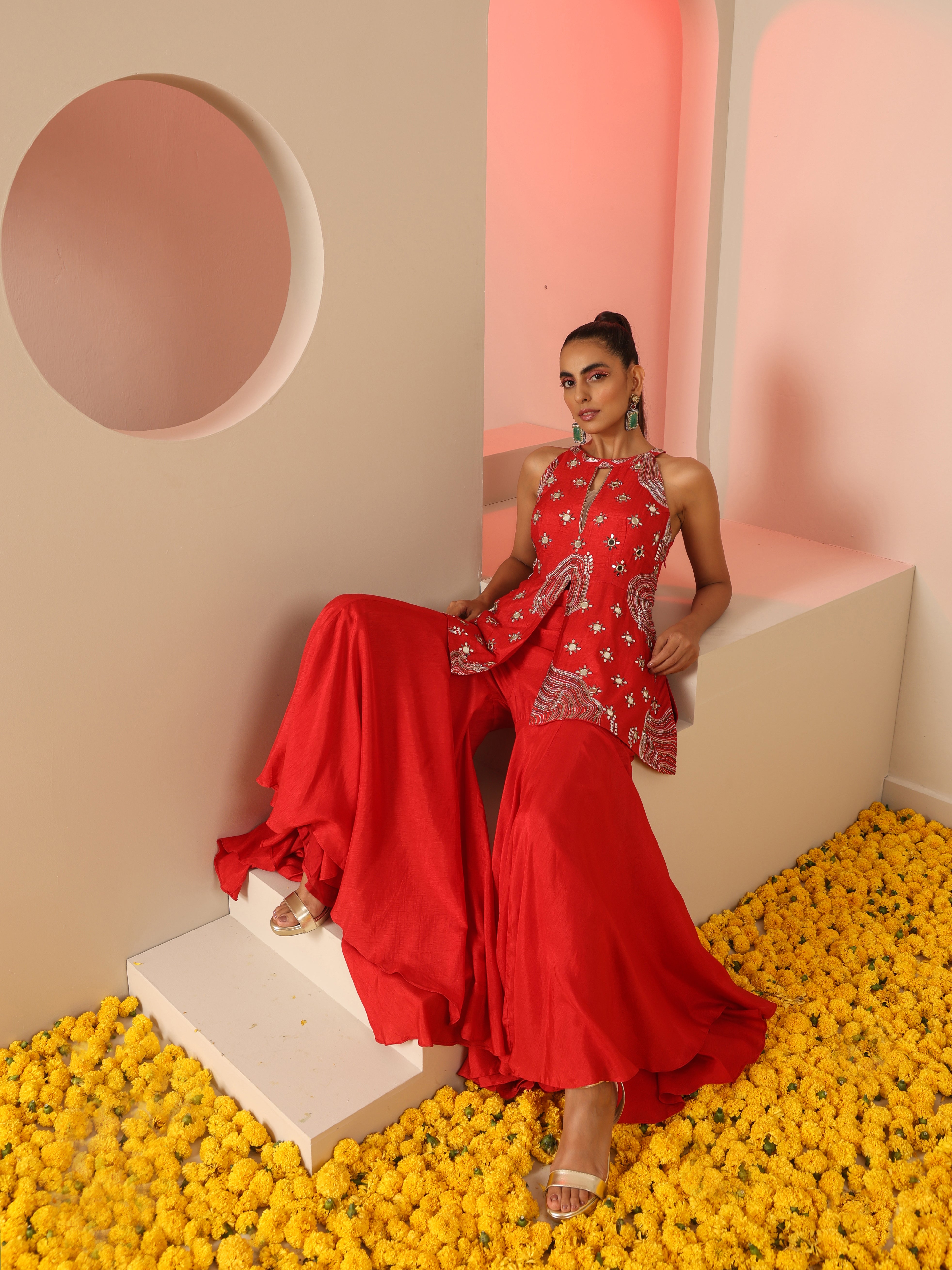 Red Dola Silk Zari Bead Mirror Work Sharara Set