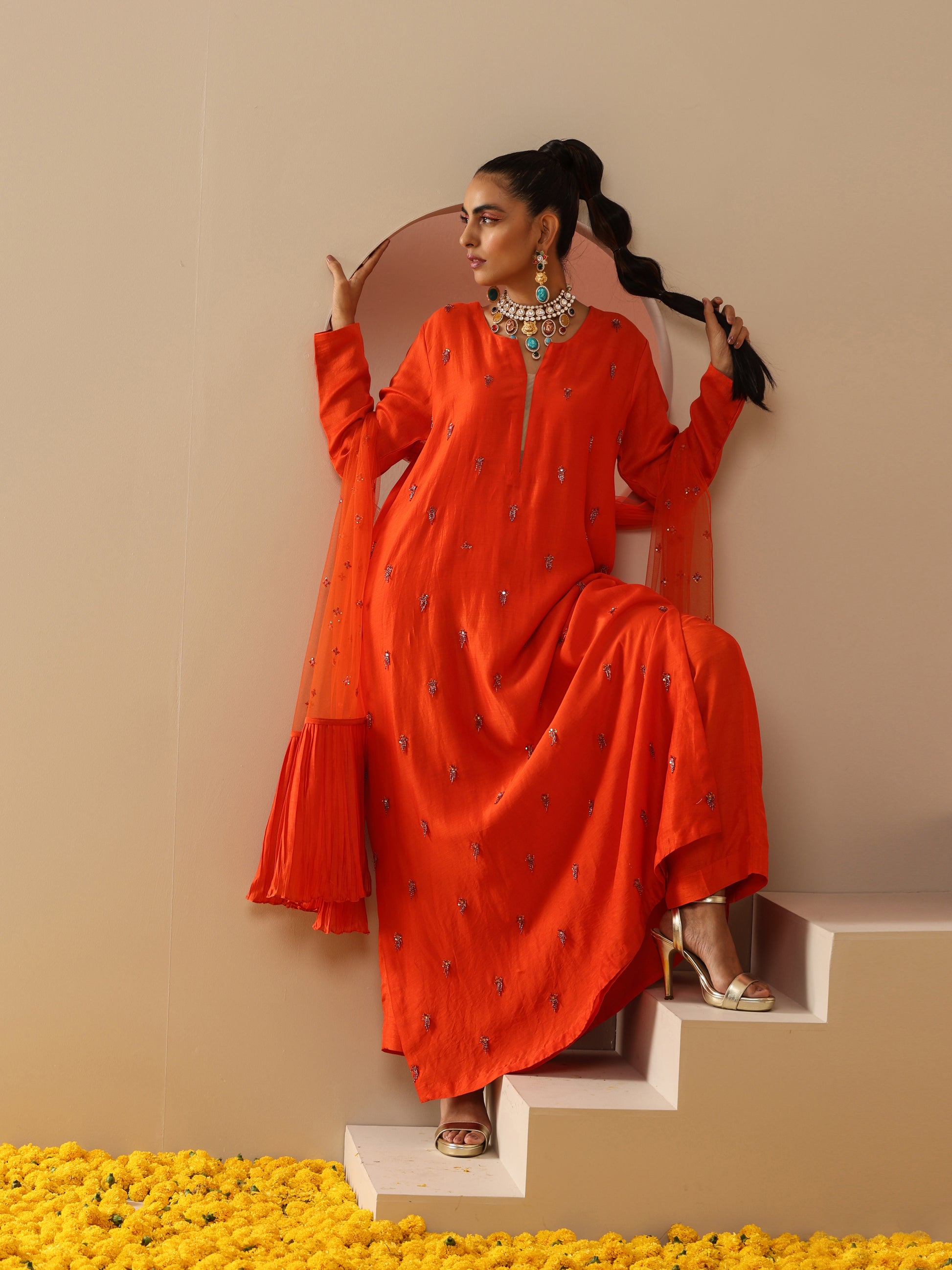 Orange Cotton Silk Net Bead Tassel Sequin Kurta Pants Dupatta Set