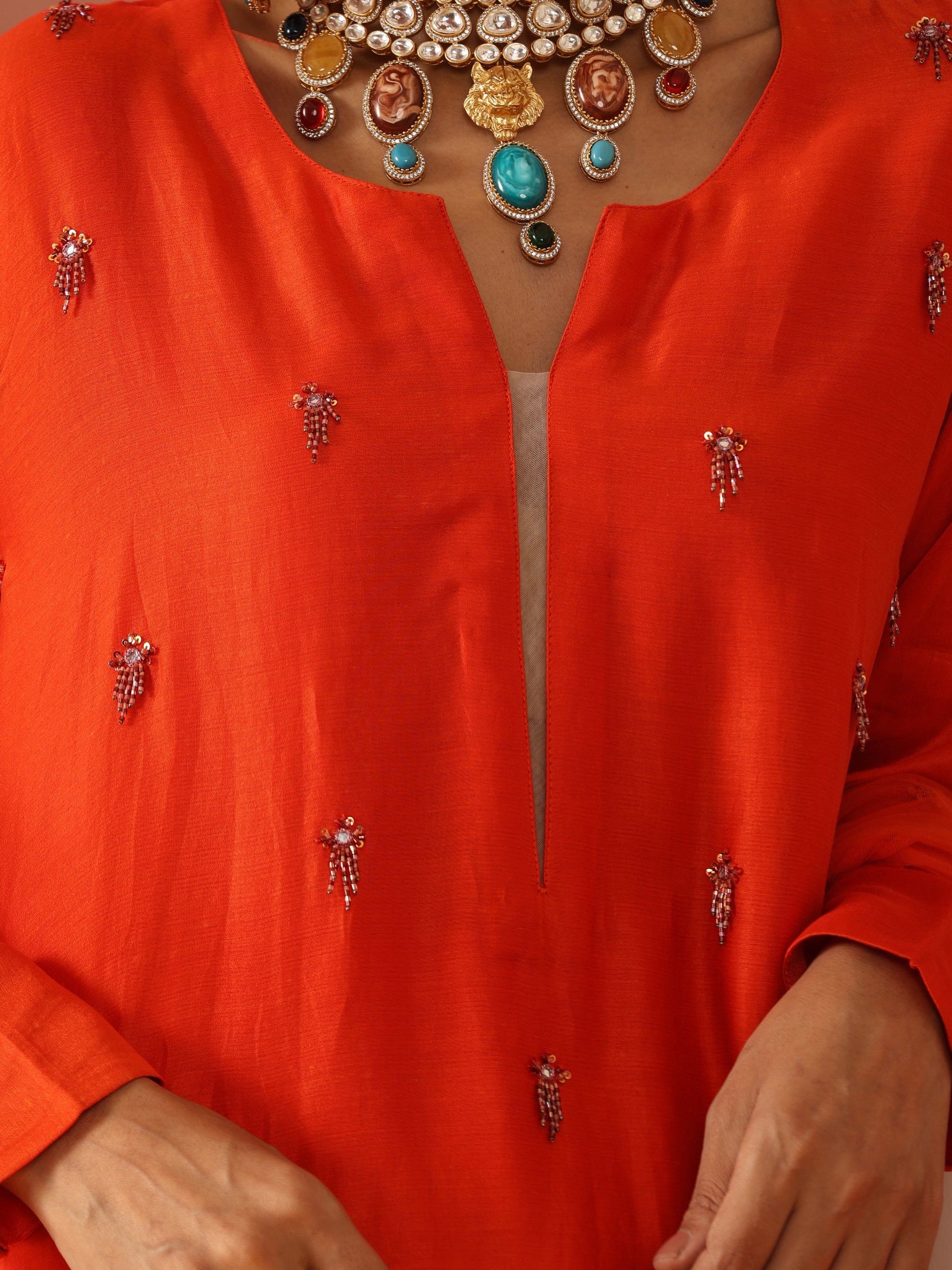 Orange Cotton Silk Net Bead Tassel Sequin Kurta Pants Dupatta Set