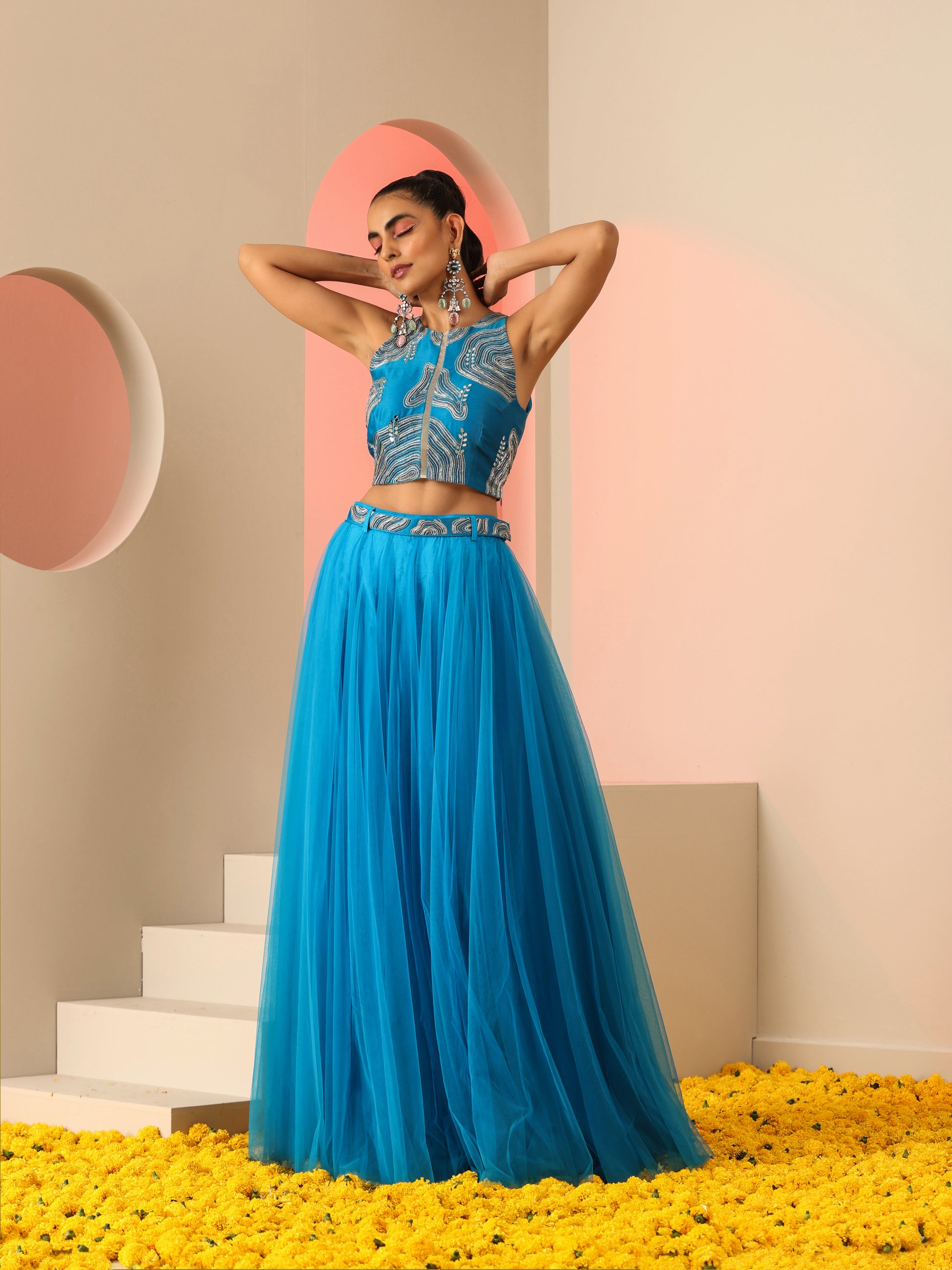 Cyan Blue Cotton Silk Net Zari Bead Mirror Top Skirt Co-ord Set