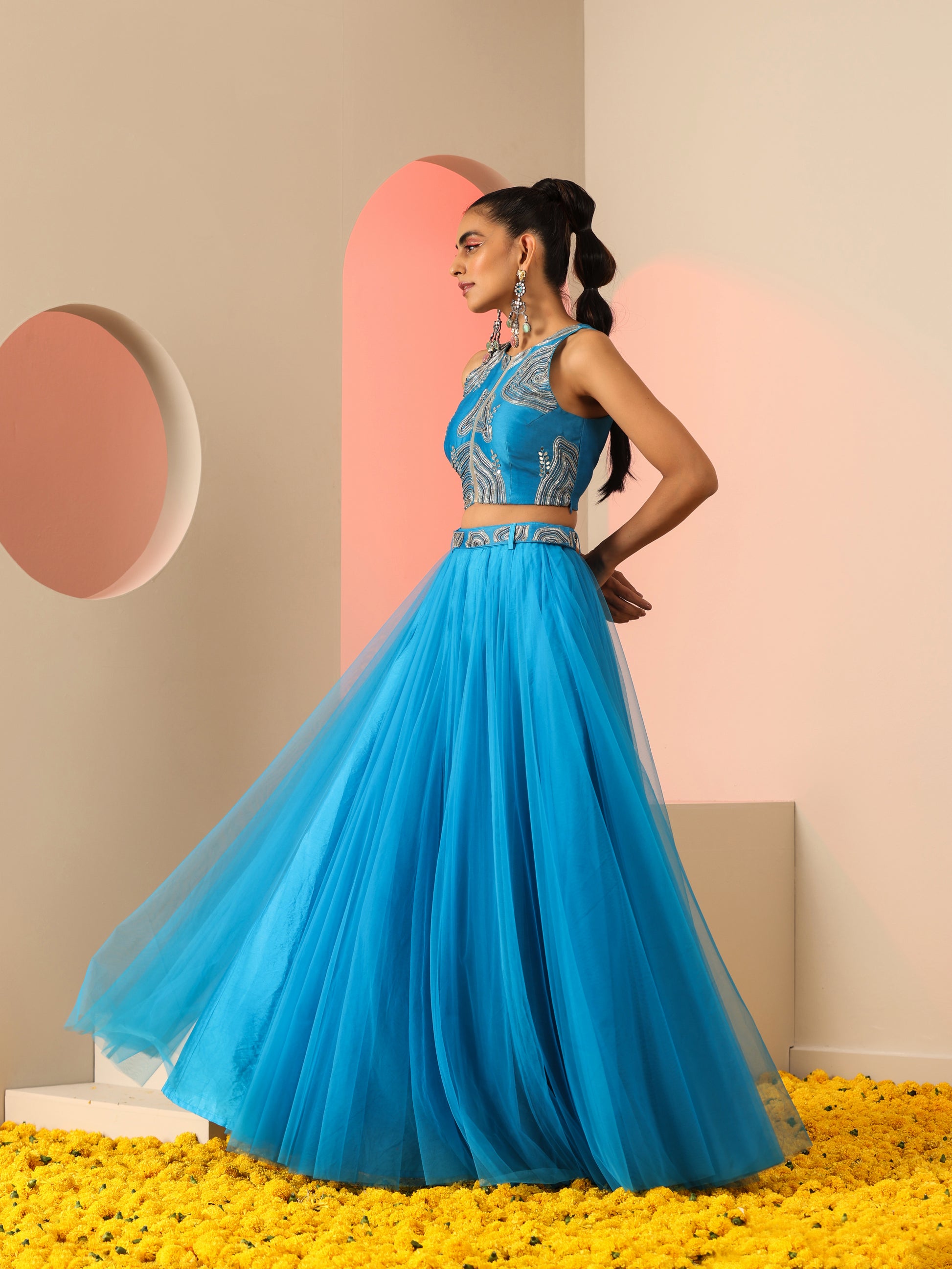 Cyan Blue Cotton Silk Net Zari Bead Mirror Top Skirt Co-ord Set