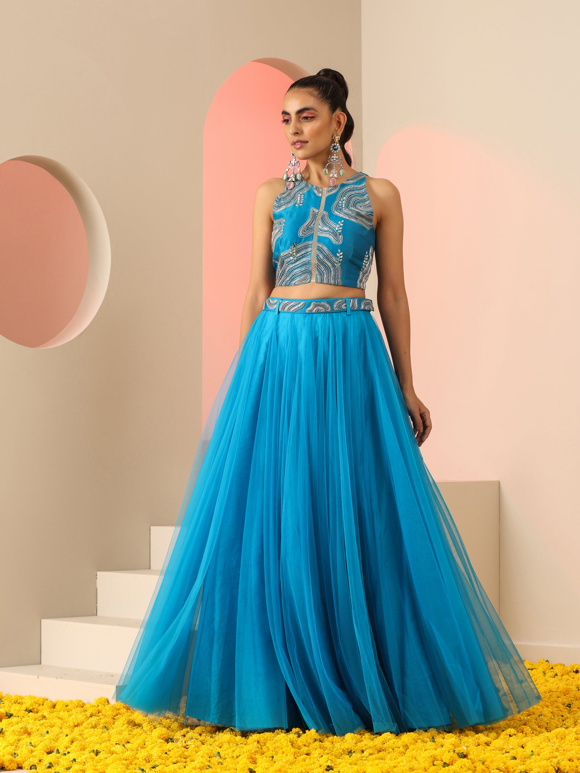 Cyan Blue Cotton Silk Net Zari Bead Mirror Top Skirt Co-ord Set