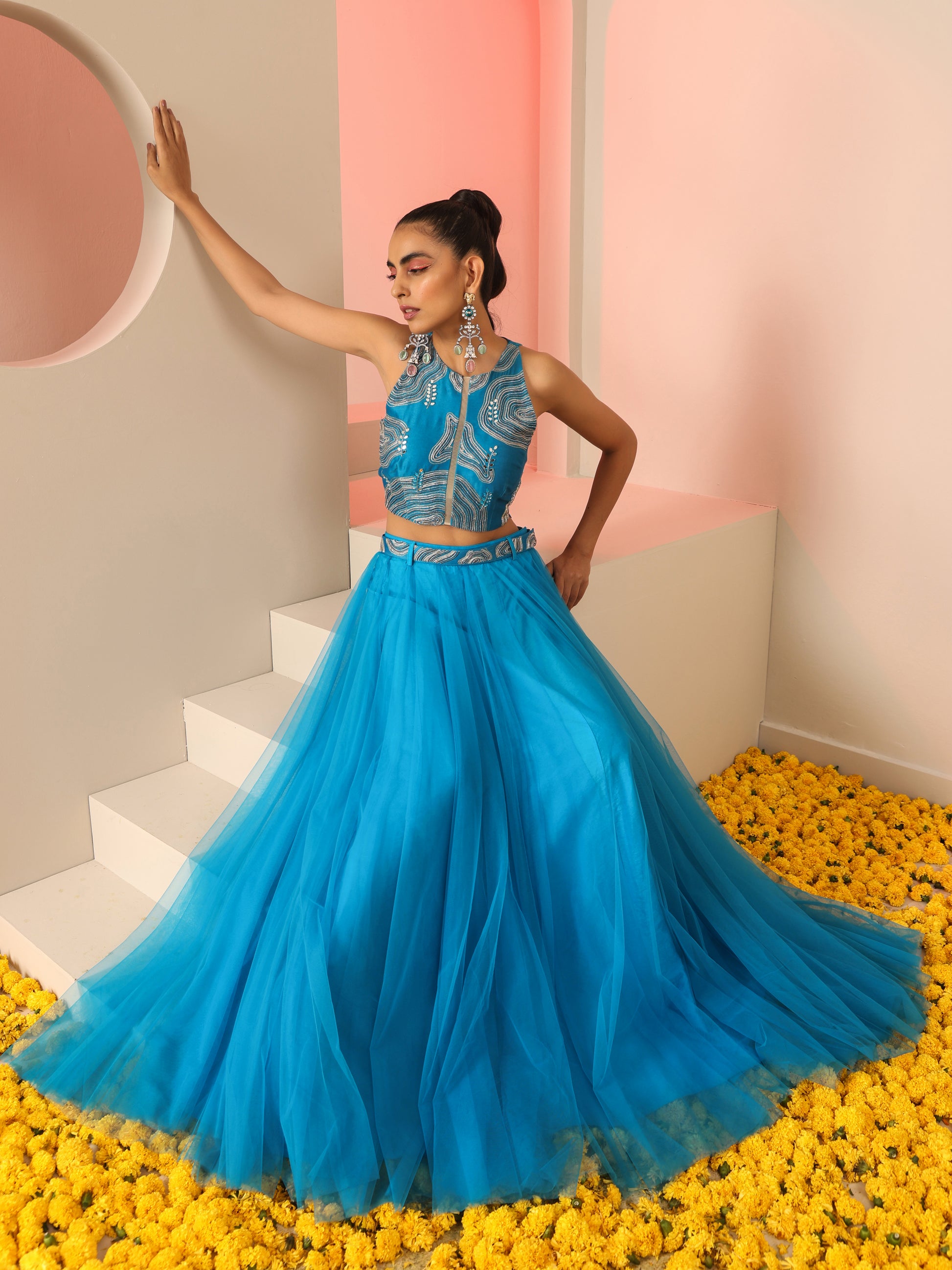 Cyan Blue Cotton Silk Net Zari Bead Mirror Top Skirt Co-ord Set