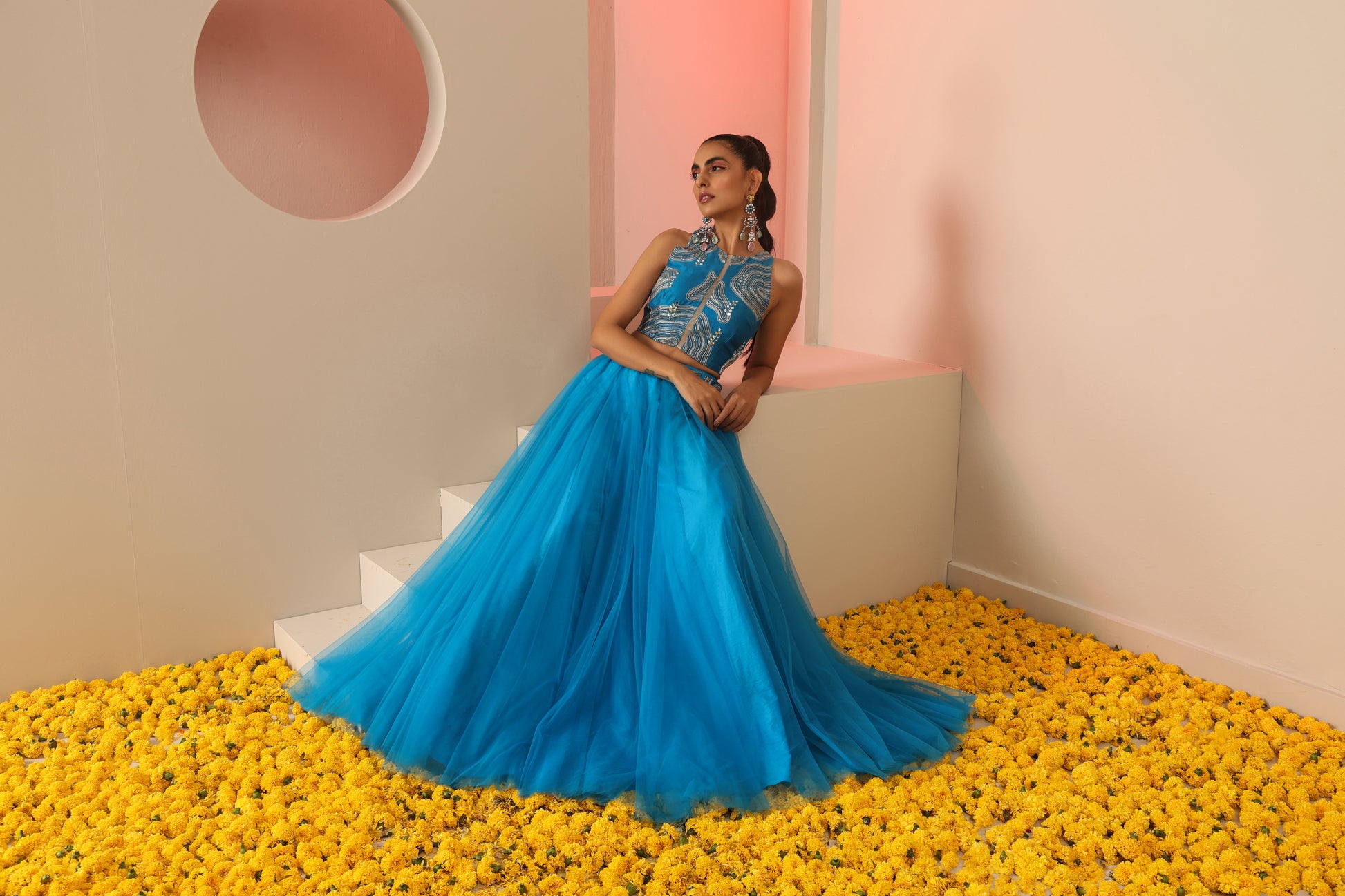 Cyan Blue Cotton Silk Net Zari Bead Mirror Top Skirt Co-ord Set