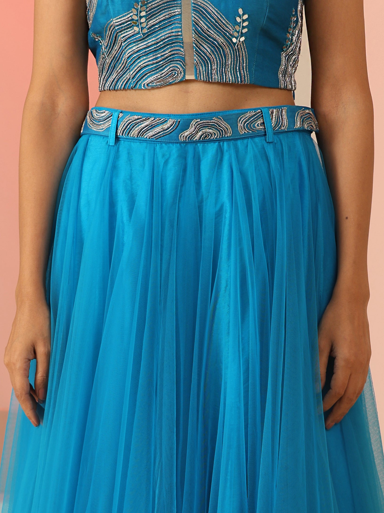 Cyan Blue Cotton Silk Net Zari Bead Mirror Top Skirt Co-ord Set