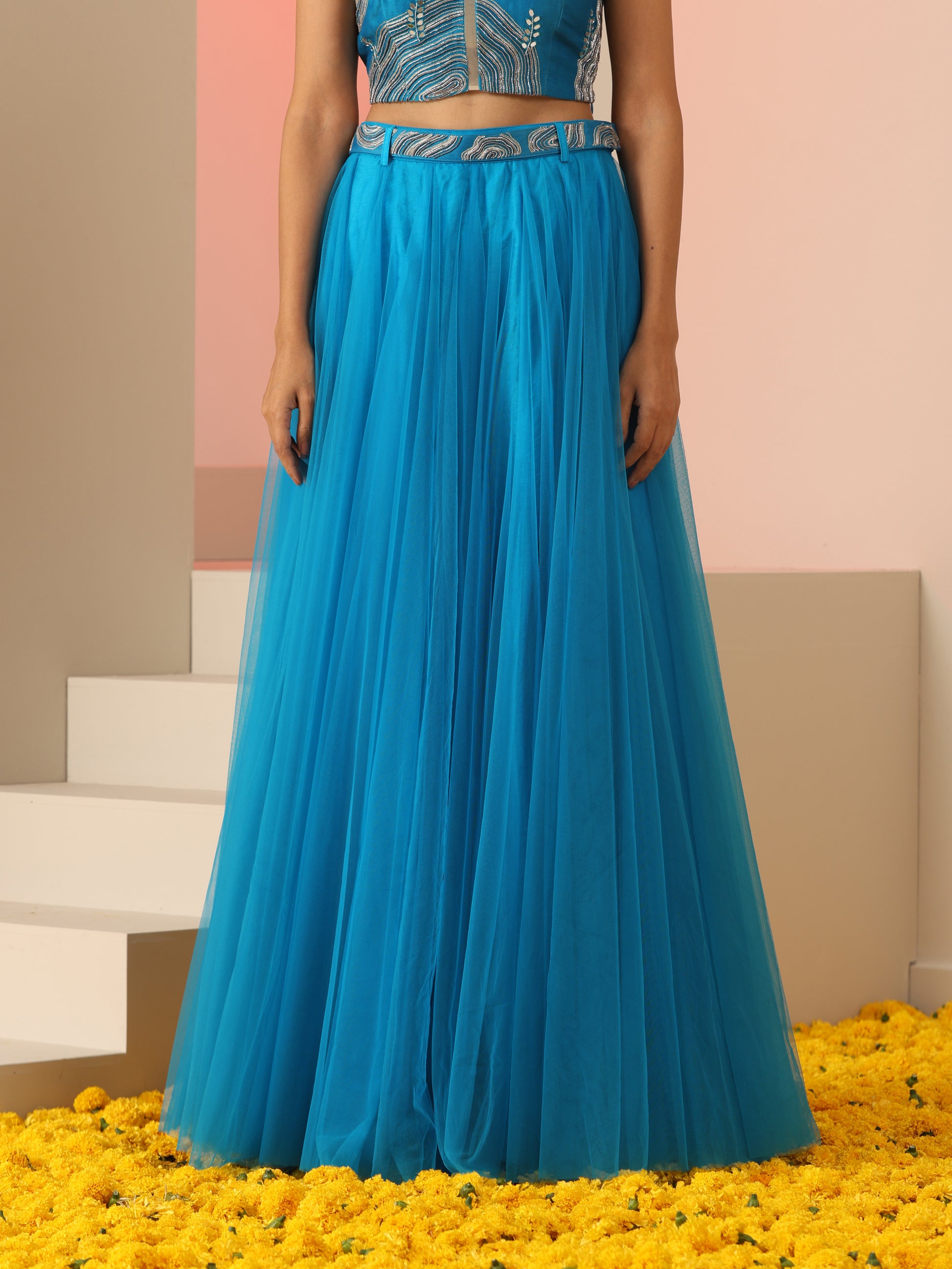 Cyan Blue Cotton Silk Net Zari Bead Mirror Top Skirt Co-ord Set