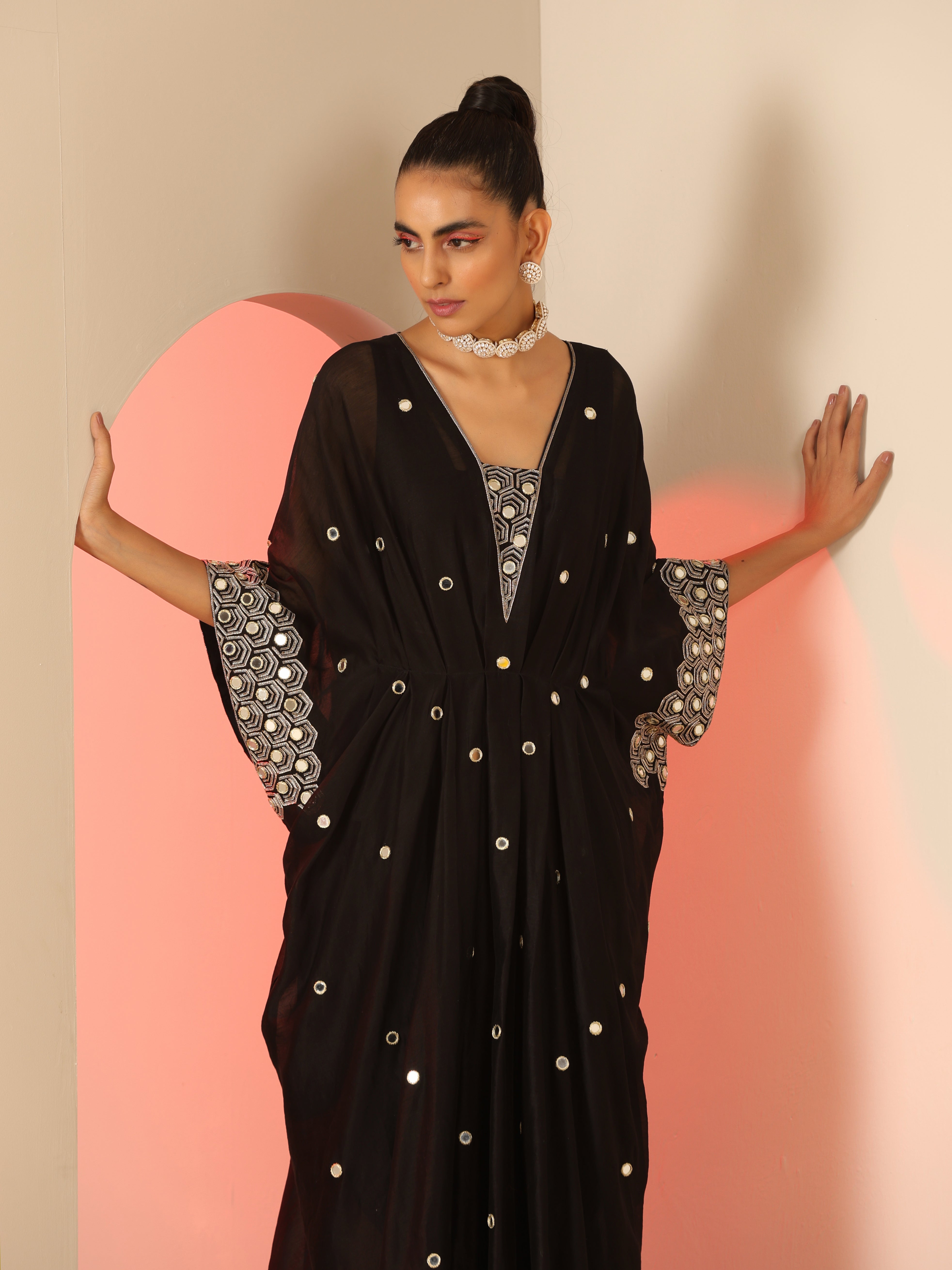 Black Cotton Silk Zari Mirror Work Kaftan Dress with Slip