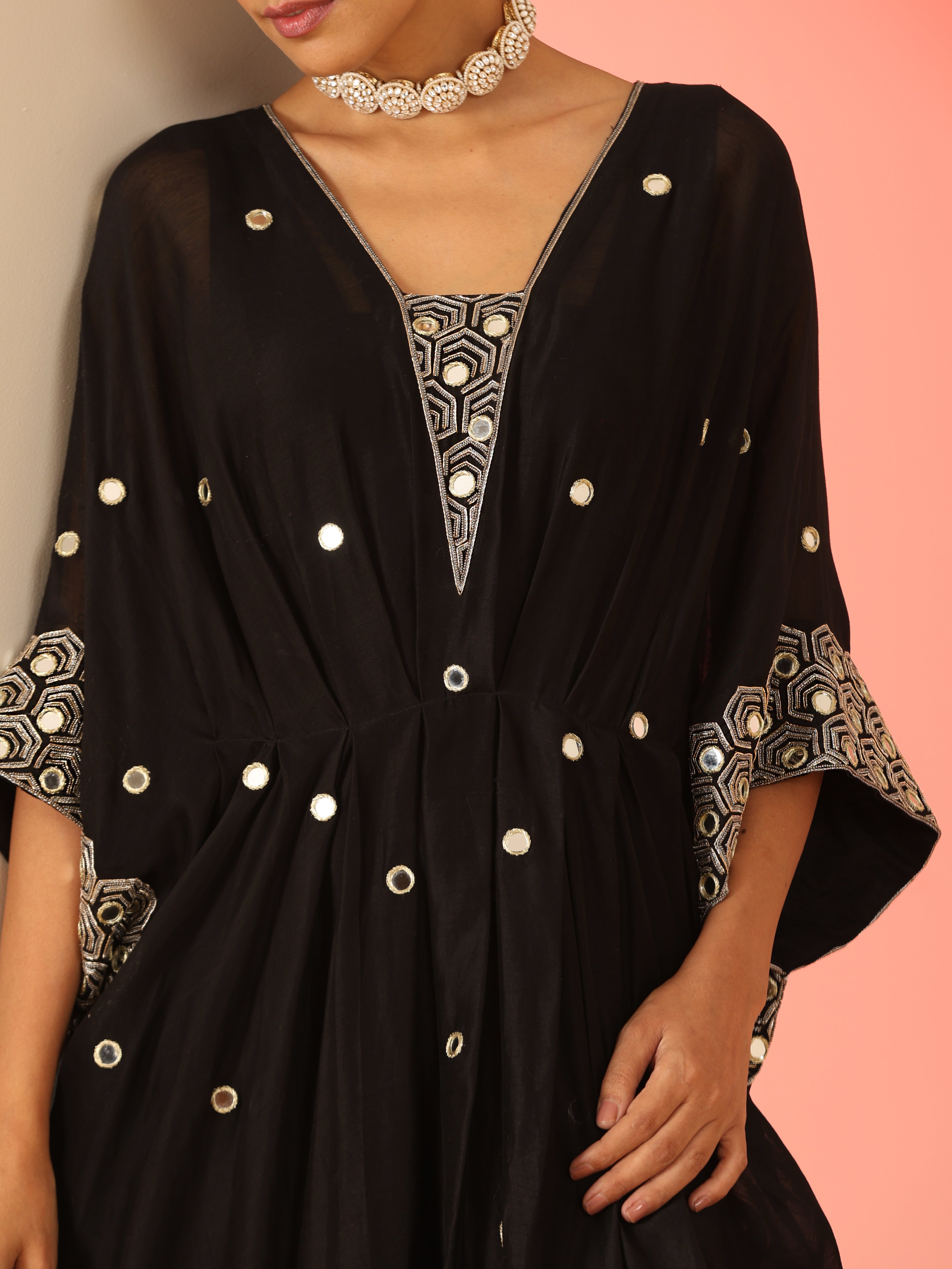 Black Cotton Silk Zari Mirror Work Kaftan Dress with Slip