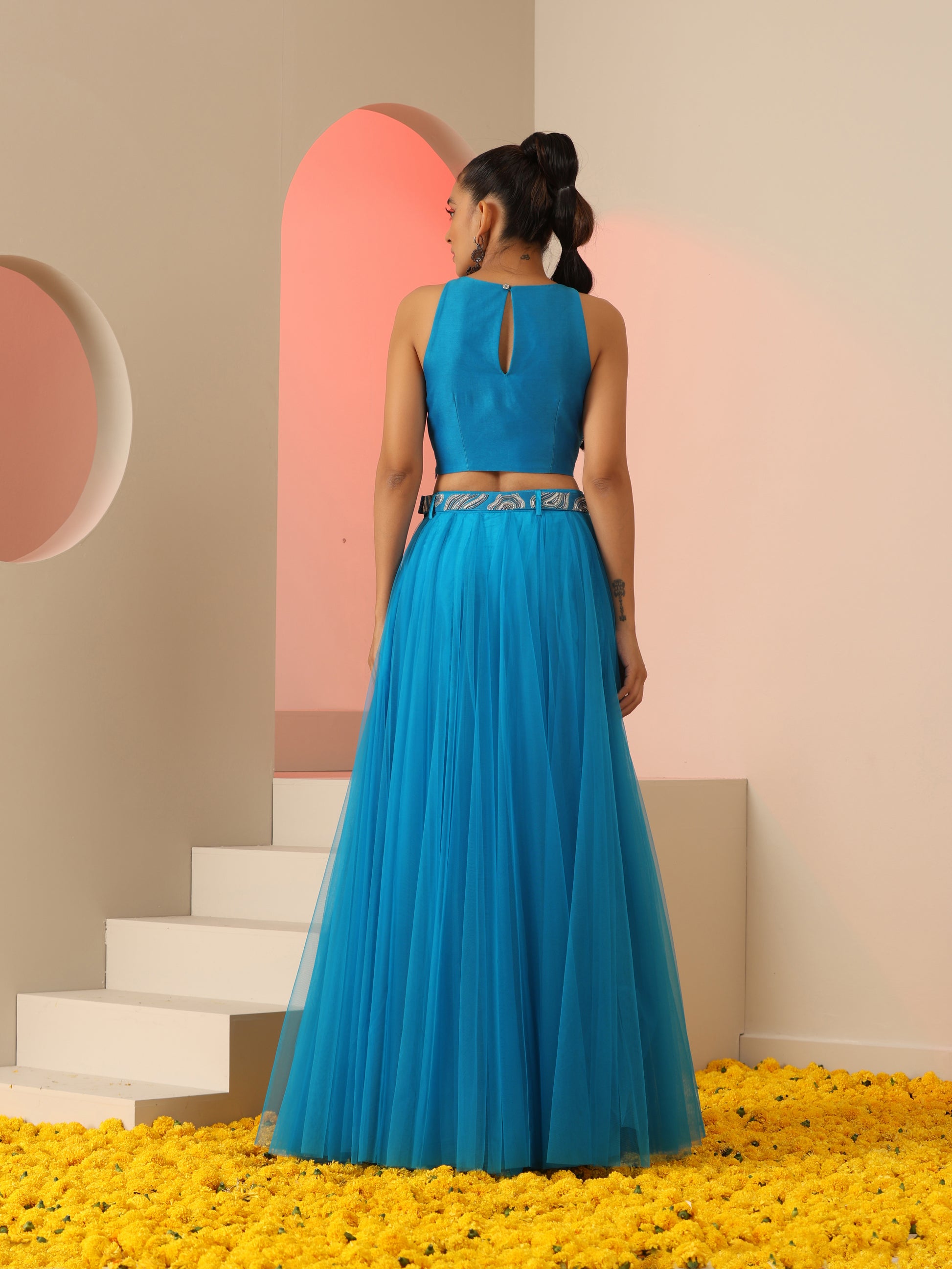 Cyan Blue Cotton Silk Net Zari Bead Mirror Top Skirt Co-ord Set