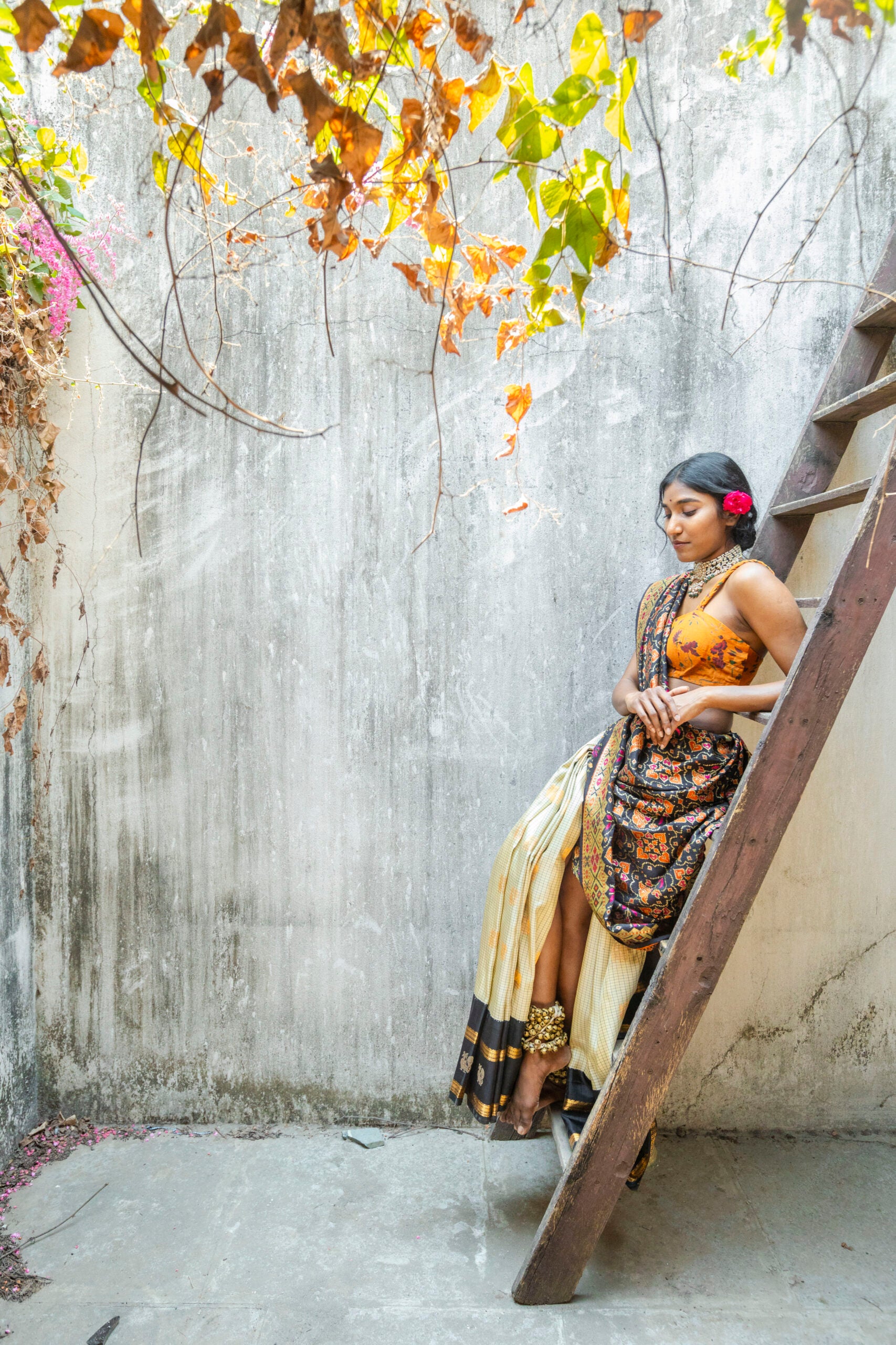 Black Tussar Silk Patola Benarasi Dupatta Gold Zari Orange Meenakari