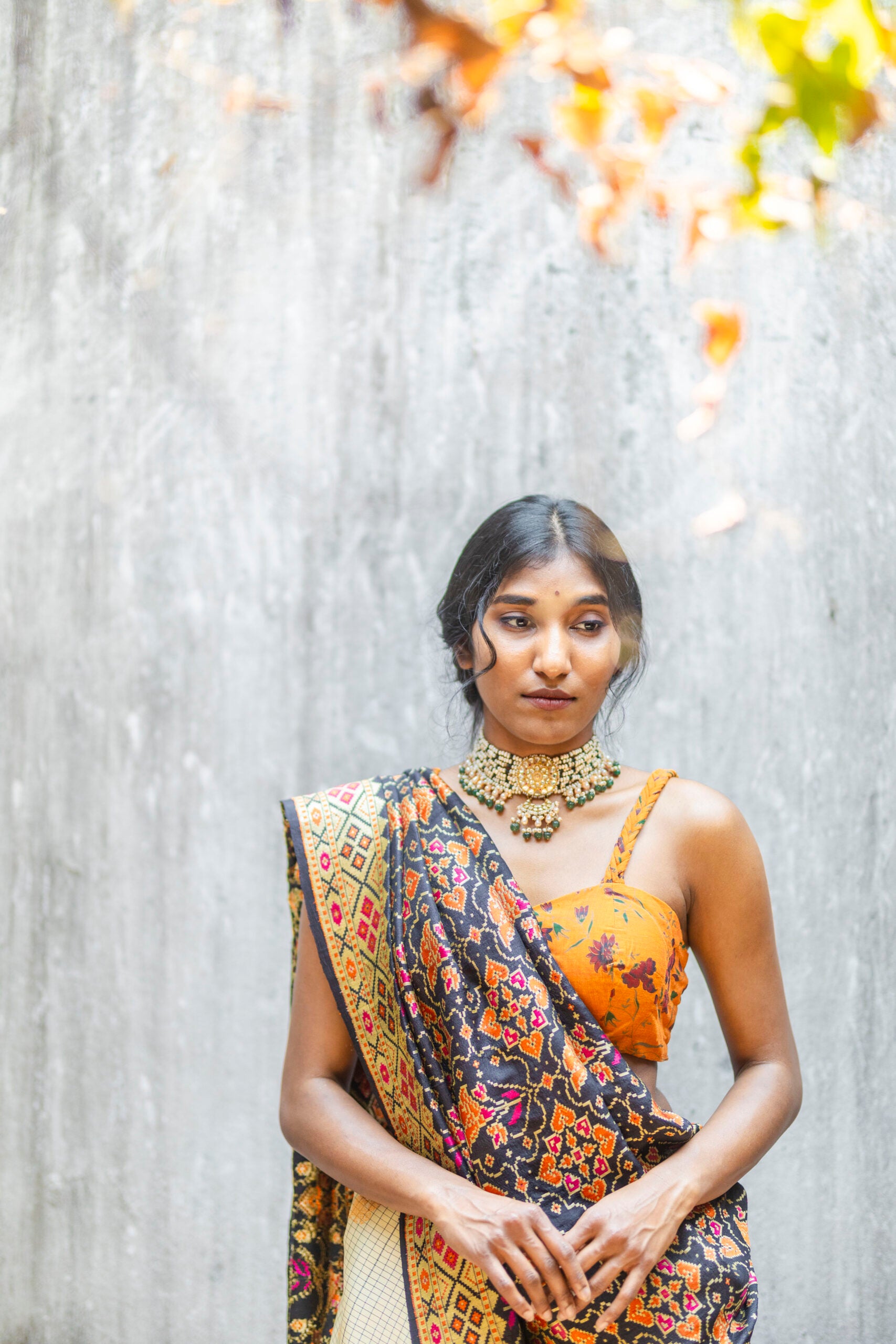 Black Tussar Silk Patola Benarasi Dupatta Gold Zari Orange Meenakari