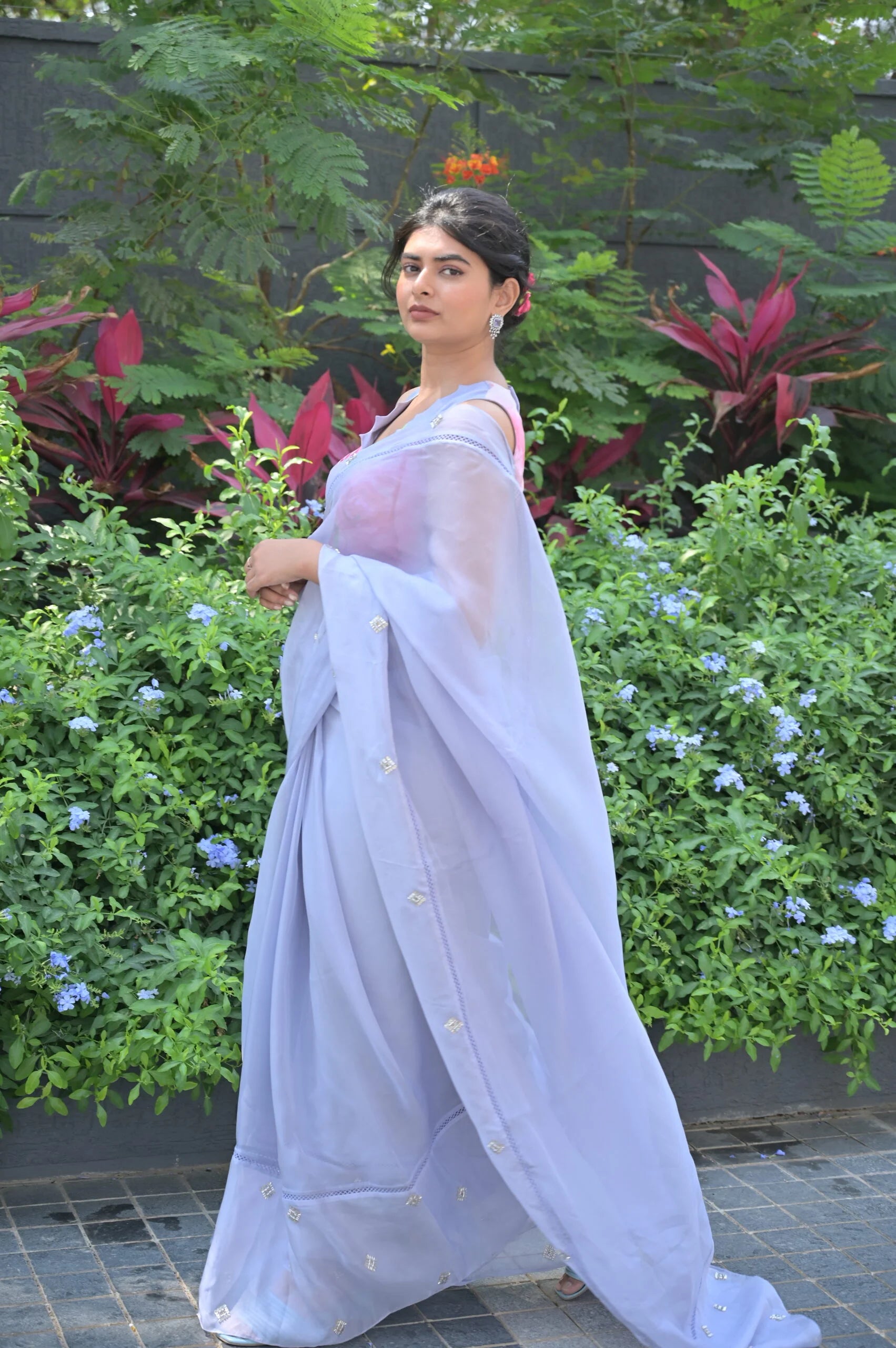 Light Steel Gray Floral Organza Saree - Handmade Saree